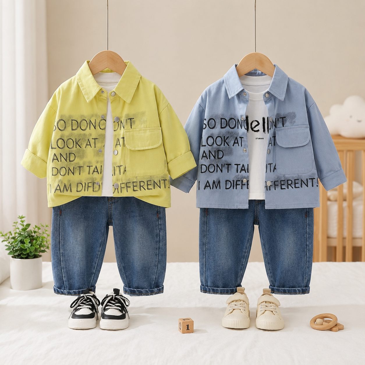 Boys 3-Piece Printed Shirt & Denim Pants Set – 2 Colors
