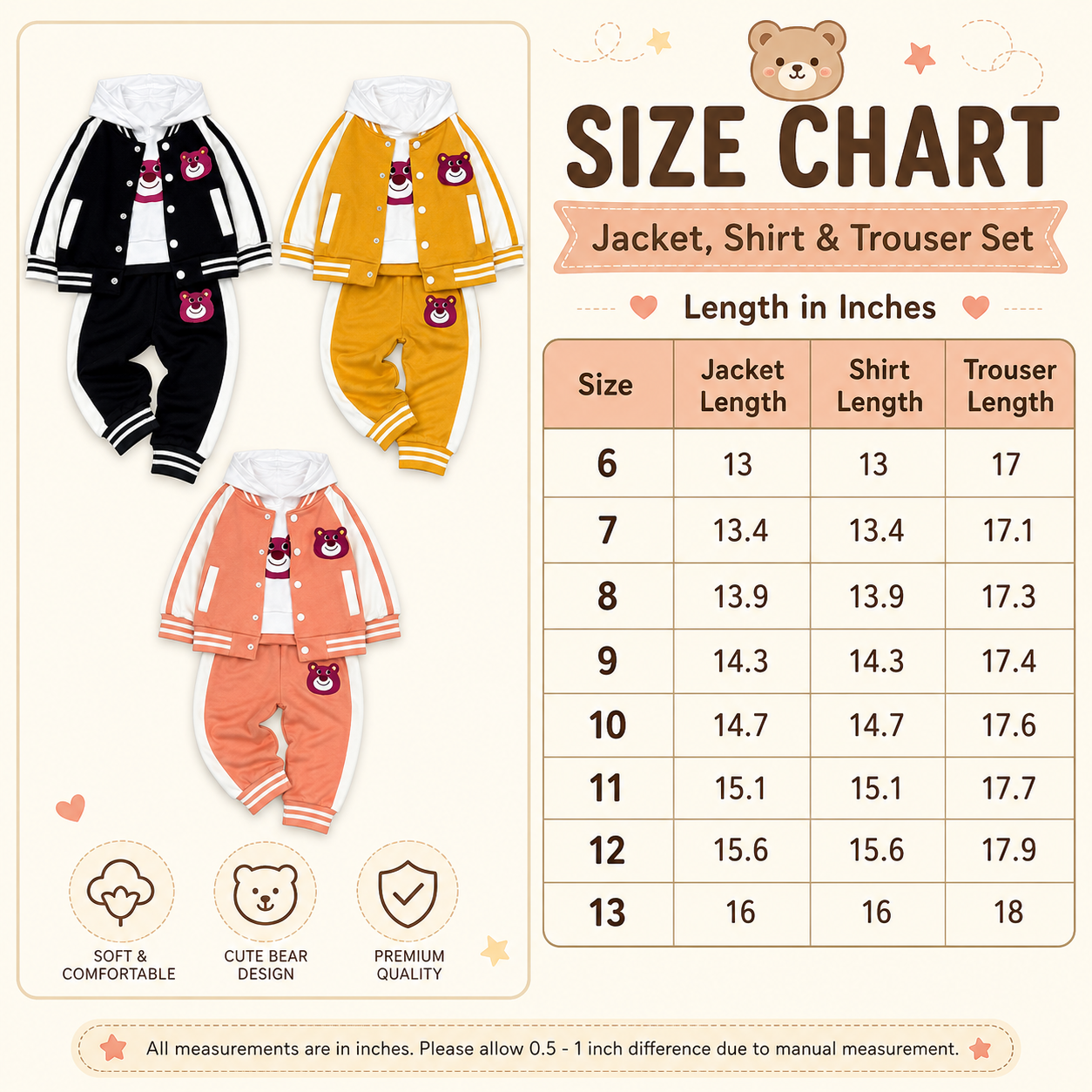 Bear Varsity Hoodie 3-Piece Kids Tracksuit – 3 Colors
