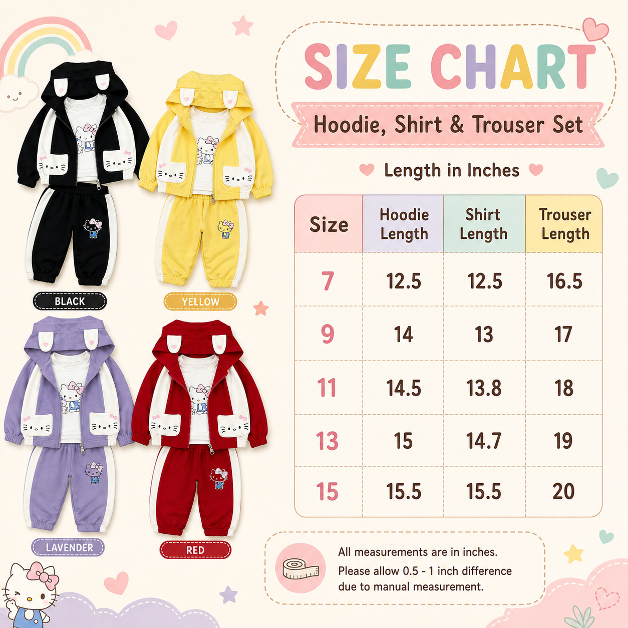 Girls Character Hoodie 3-Piece Tracksuit – 4 Colors