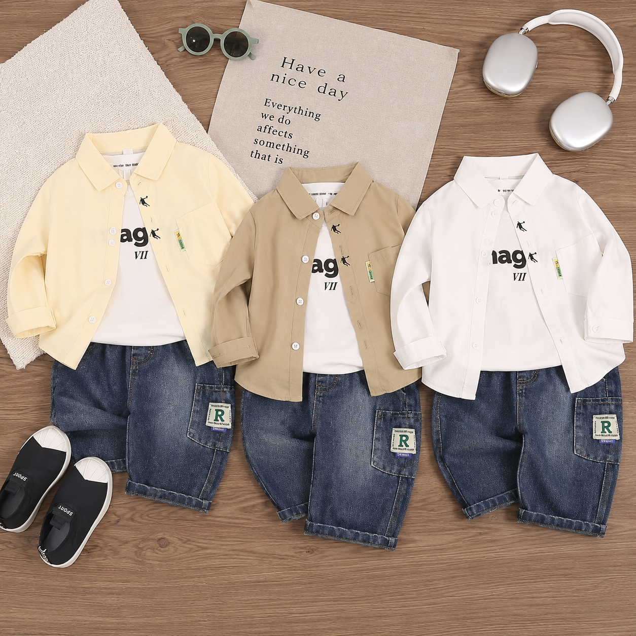 Boys 3-Piece Shirt, T-Shirt & Denim Pants Set – 3 Colors