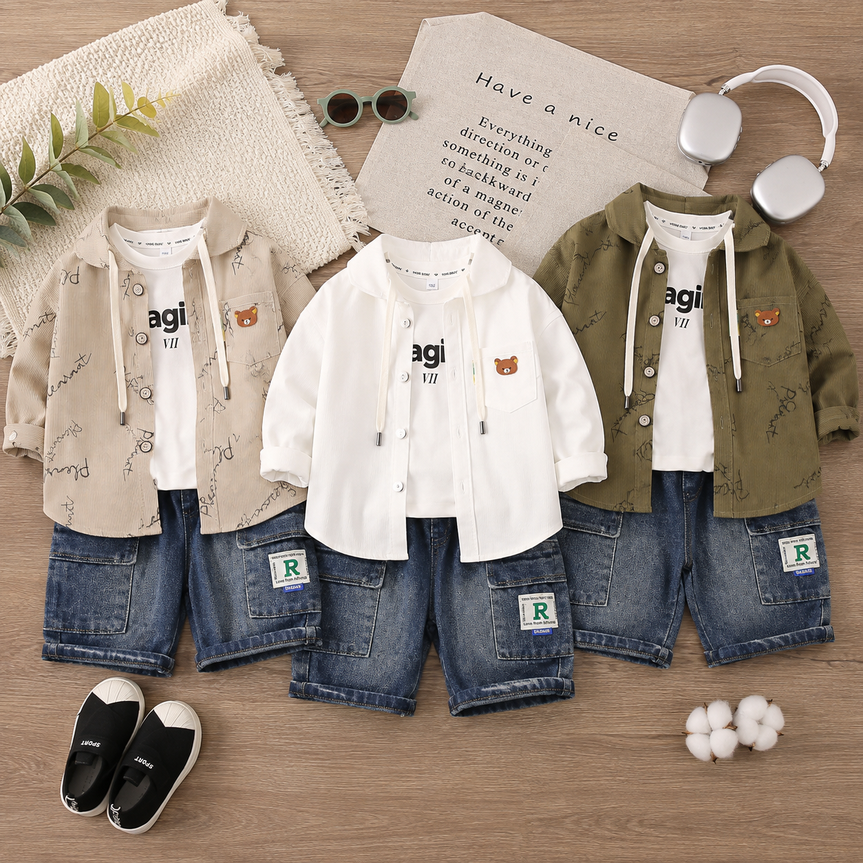 Boys 3-Piece Hooded Shirt & Denim Pants Set – 3 Colors