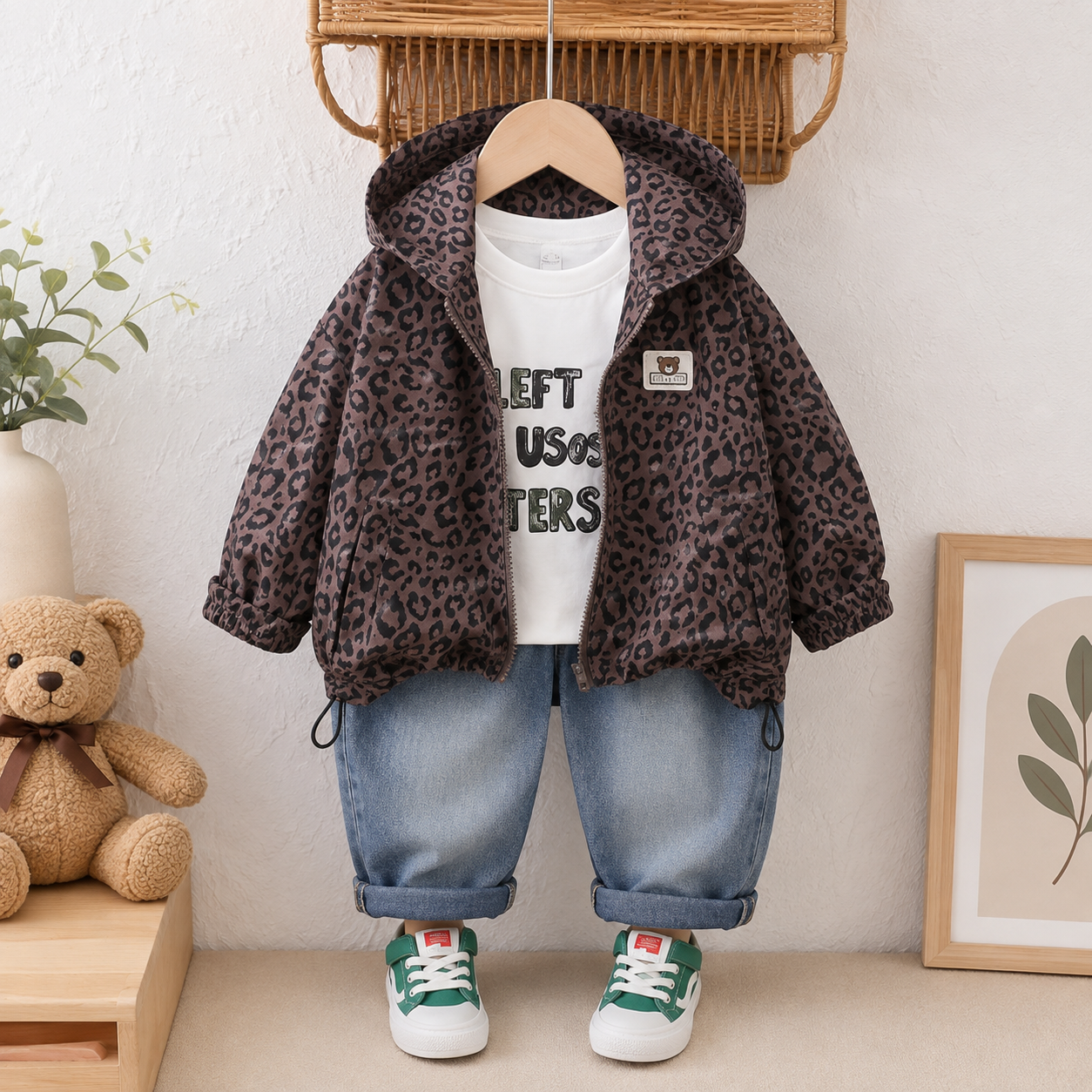 Boys Leopard Hooded Jacket, T-Shirt & Denim Pants 3PC Set