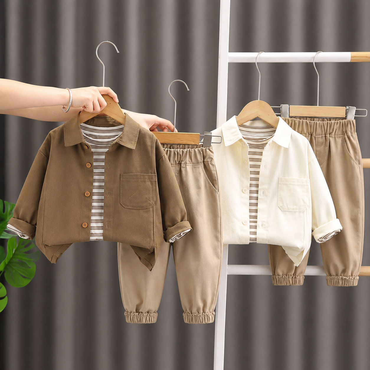 Boys Casual Shirt, Striped T-Shirt & Pants 3PC Set – 2 Colors