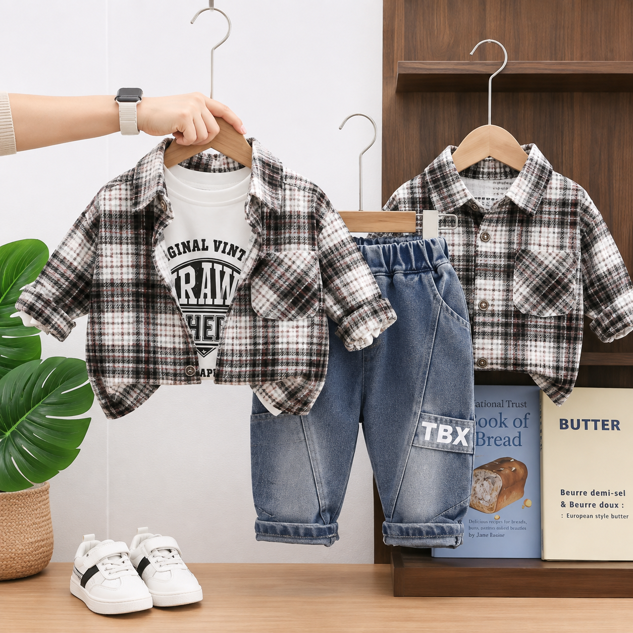 Boys Check Shirt, Printed T-Shirt & Denim Pants 3PC Set – 2 Colors