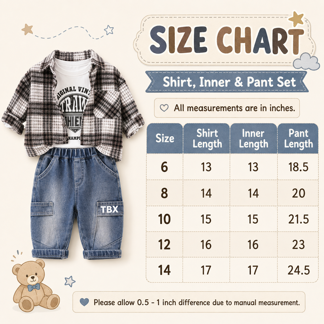 Boys Check Shirt, Printed T-Shirt & Denim Pants 3PC Set – 2 Colors
