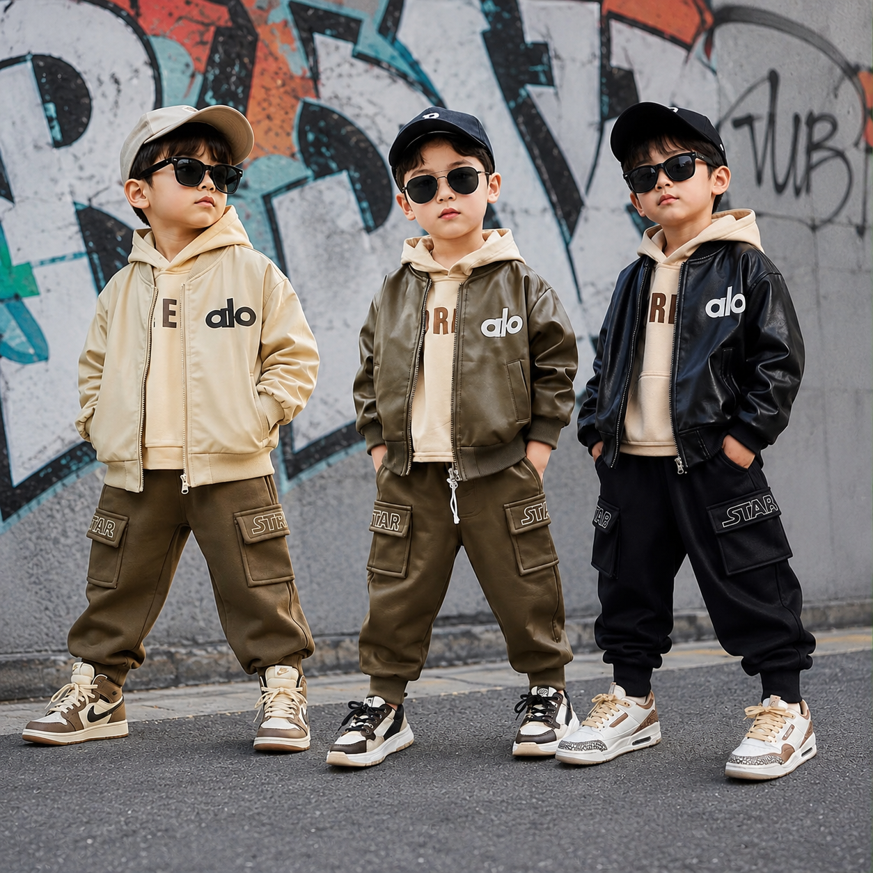 Boys Urban Leather Jacket Hoodie & Cargo Pants 3PC Set –3 Colors