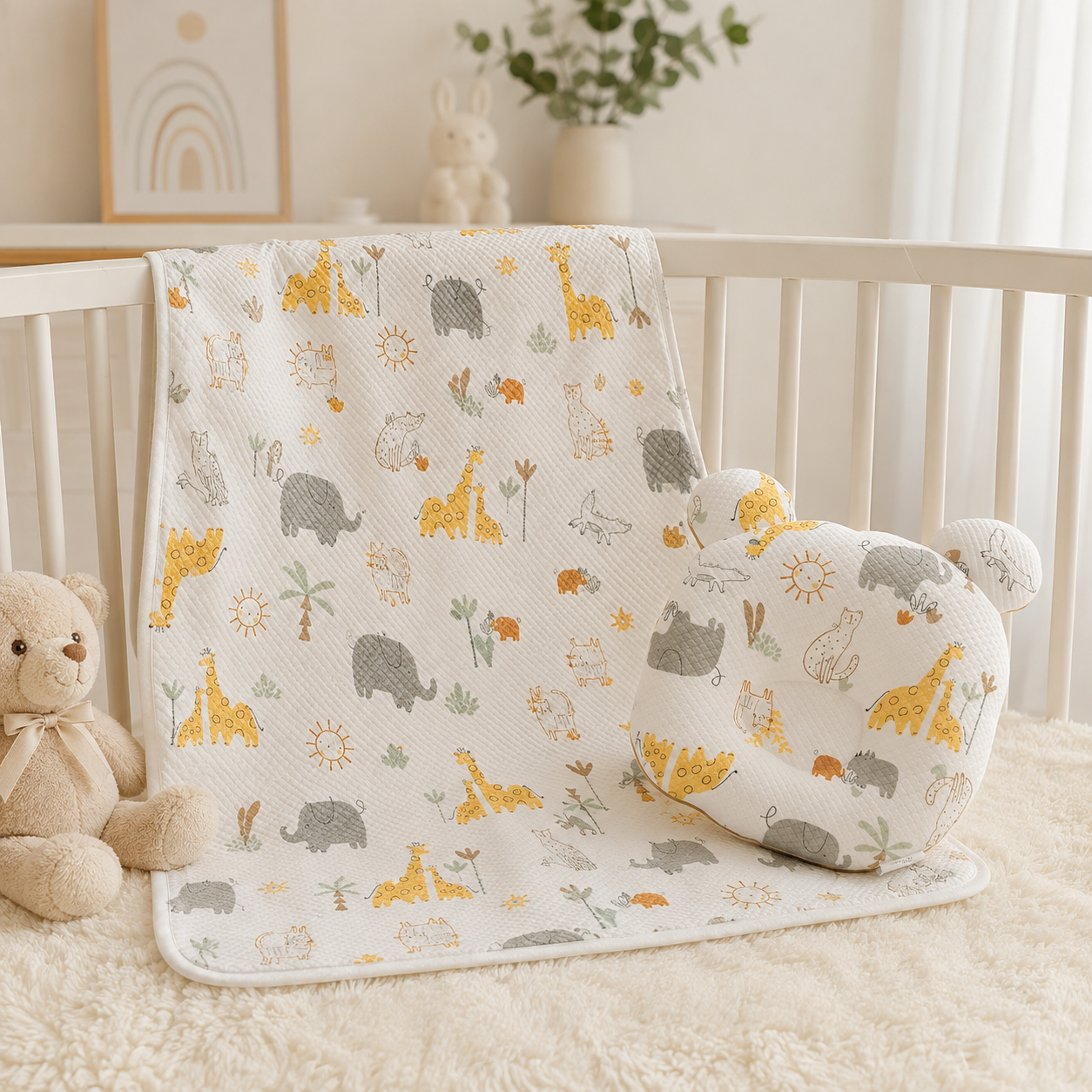 Safari Animals Baby Bedding Set with Bear Pillow