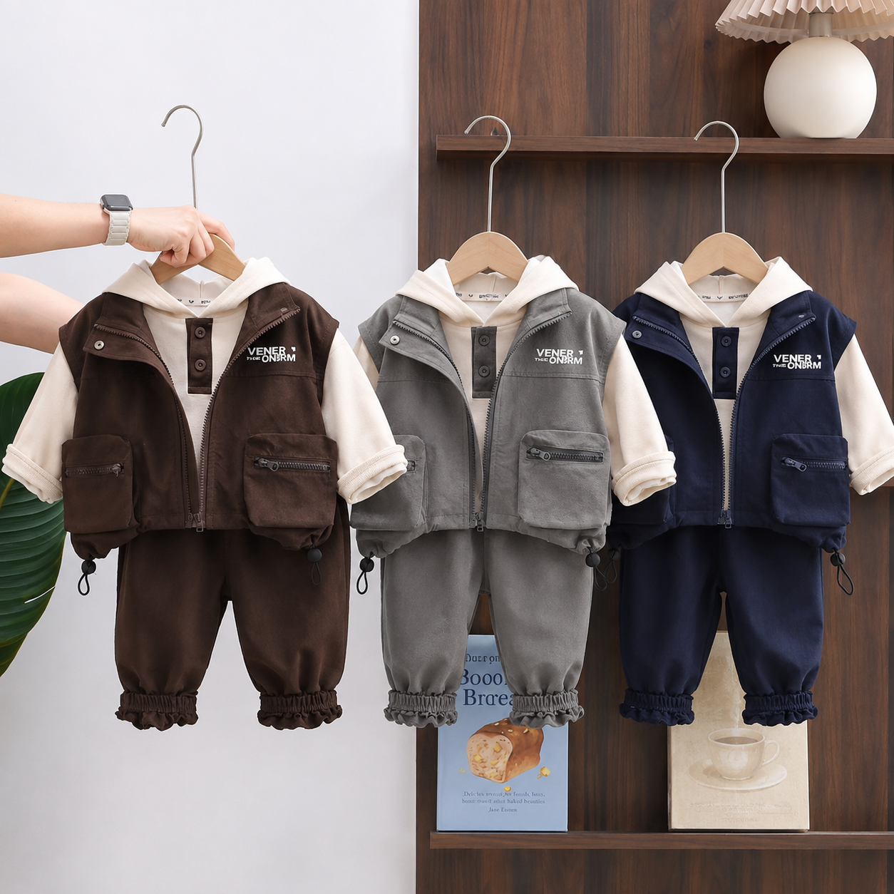 Boys Utility Vest Hoodie 3-Piece Set – 3 Colors