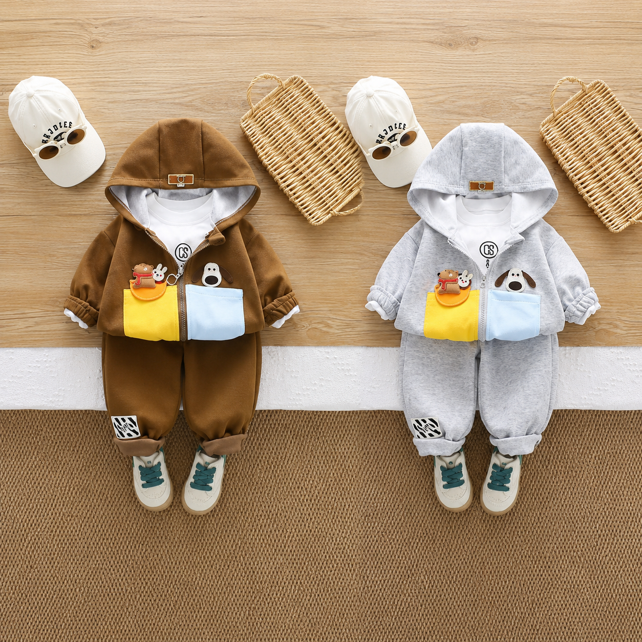 Boys Cartoon Pocket Hoodie 3-Piece Set – 2 Colors
