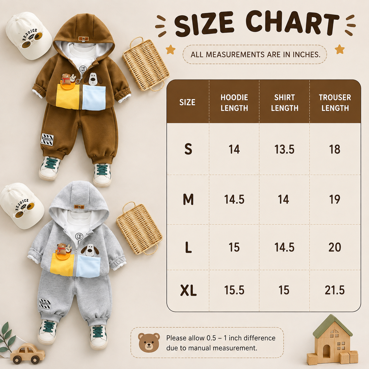 Boys Cartoon Pocket Hoodie 3-Piece Set – 2 Colors