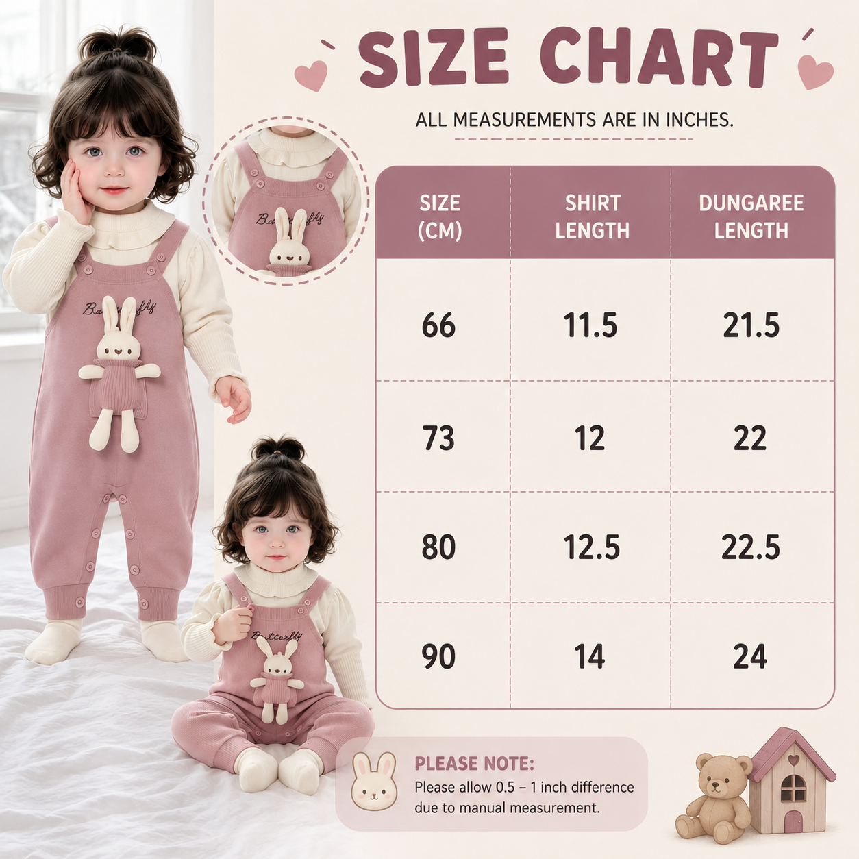 Baby Girls Bunny Dungaree & Shirt Set – 2 Pc | 3 Colors