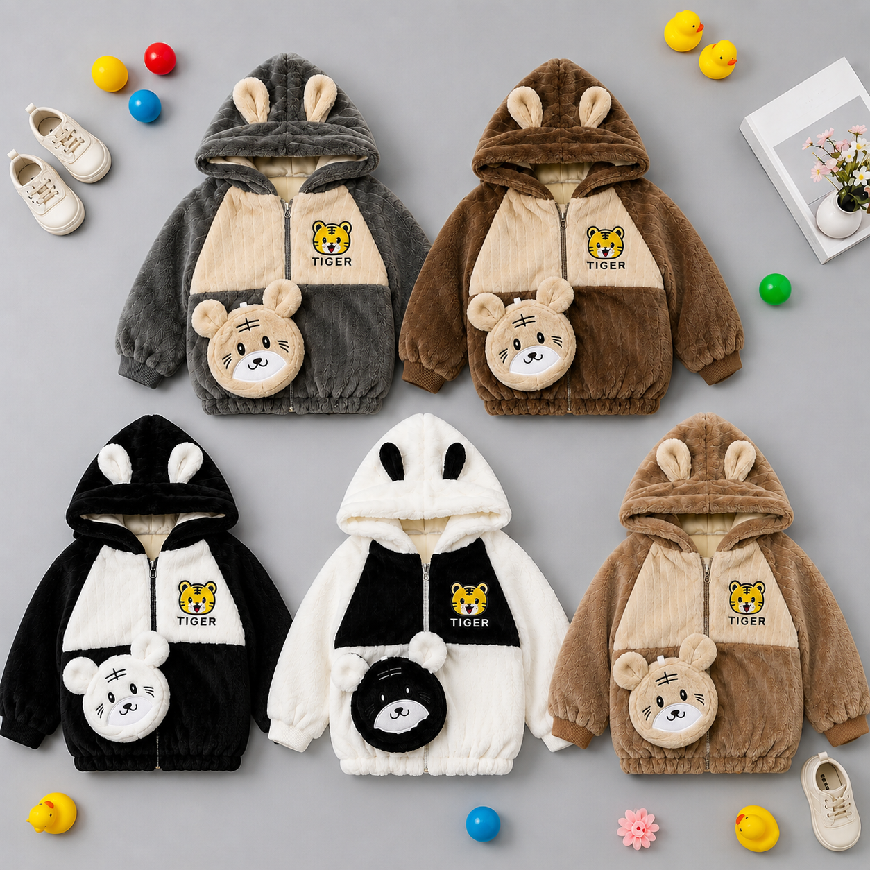 Kids Tiger Plush Hooded Jacket – 5 Colors