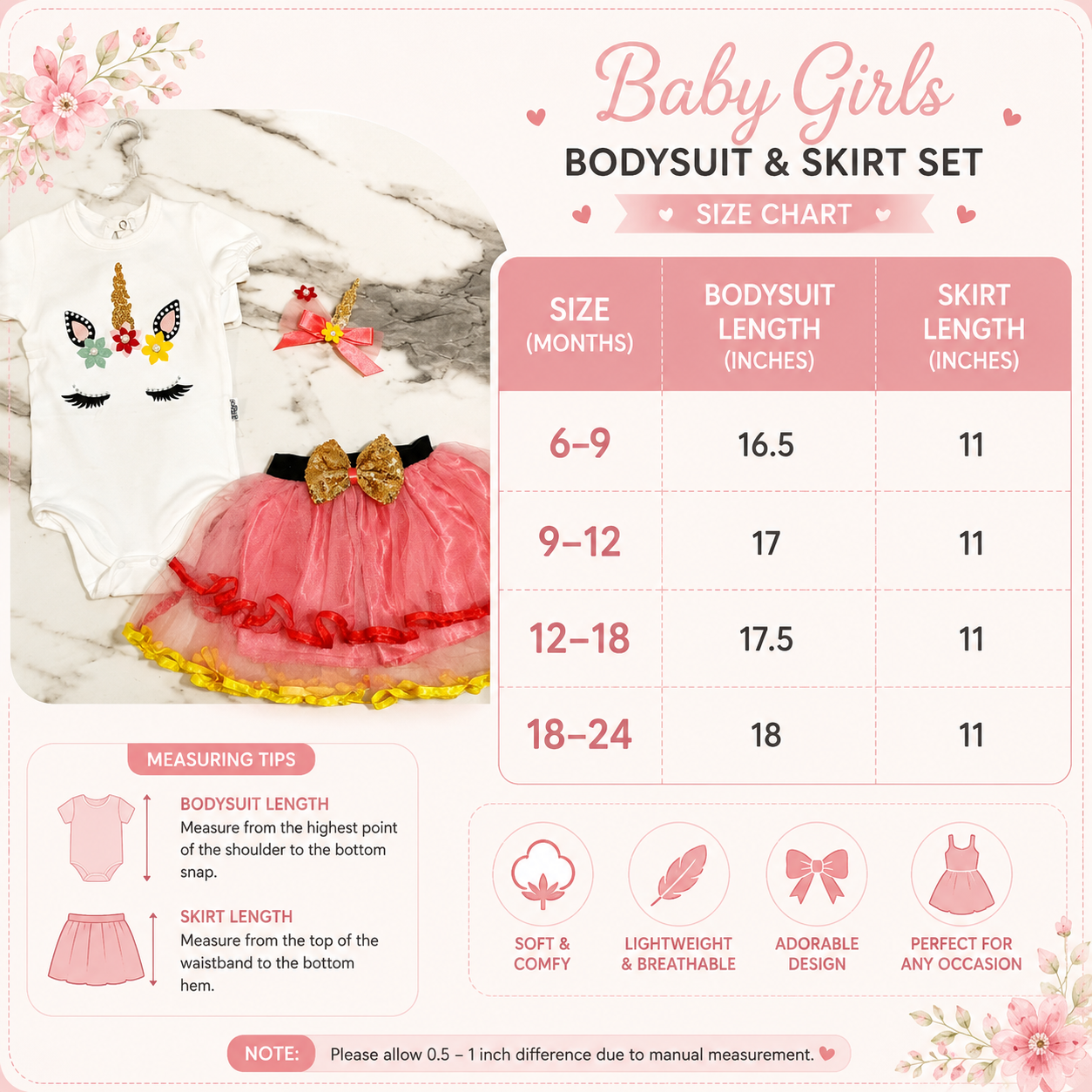 Unicorn Baby Girl 3-Piece Bodysuit & Tutu Skirt Set