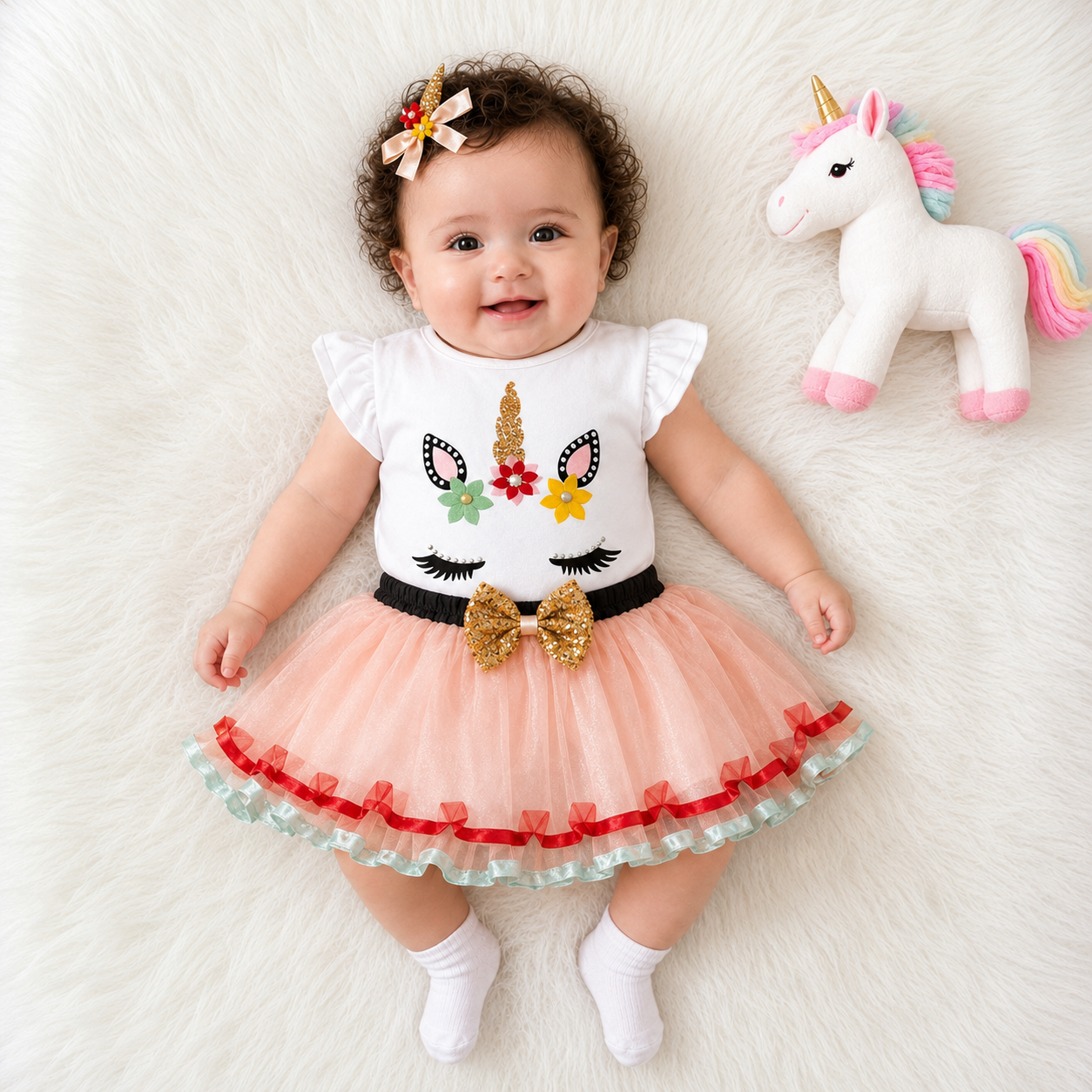 Unicorn Baby Girl 3-Piece Bodysuit & Tutu Skirt Set