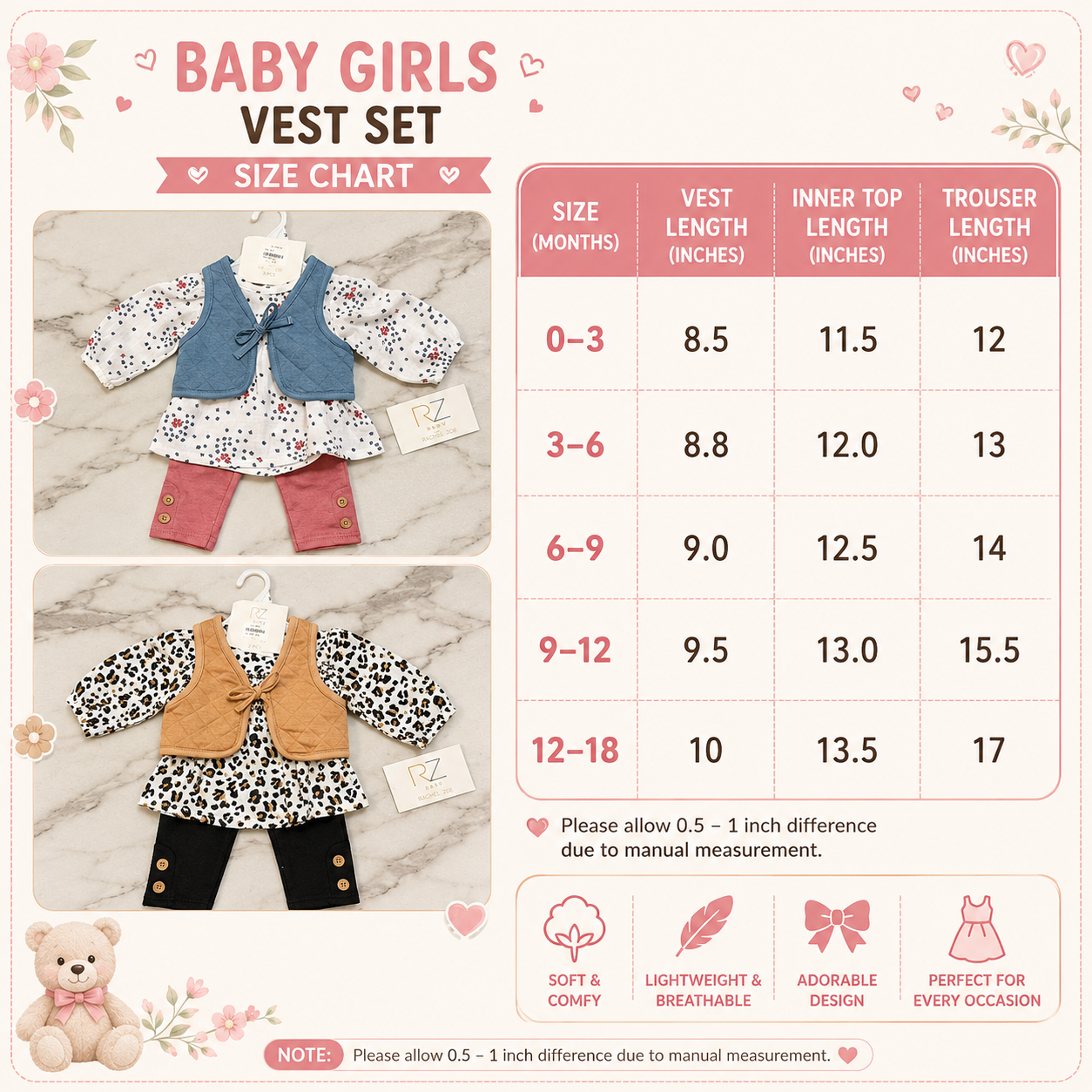 Baby Girl 3-Piece Quilted Vest Frock & Trouser Set – 2 Colors