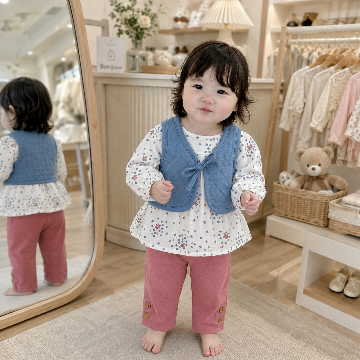 Baby Girl 3-Piece Quilted Vest Frock & Trouser Set – 2 Colors