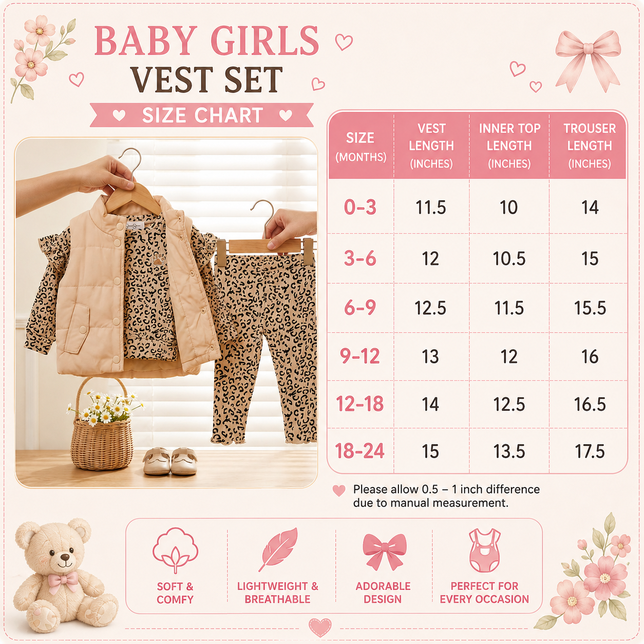 Girls Leopard Print 3-Piece Puffer Vest Set