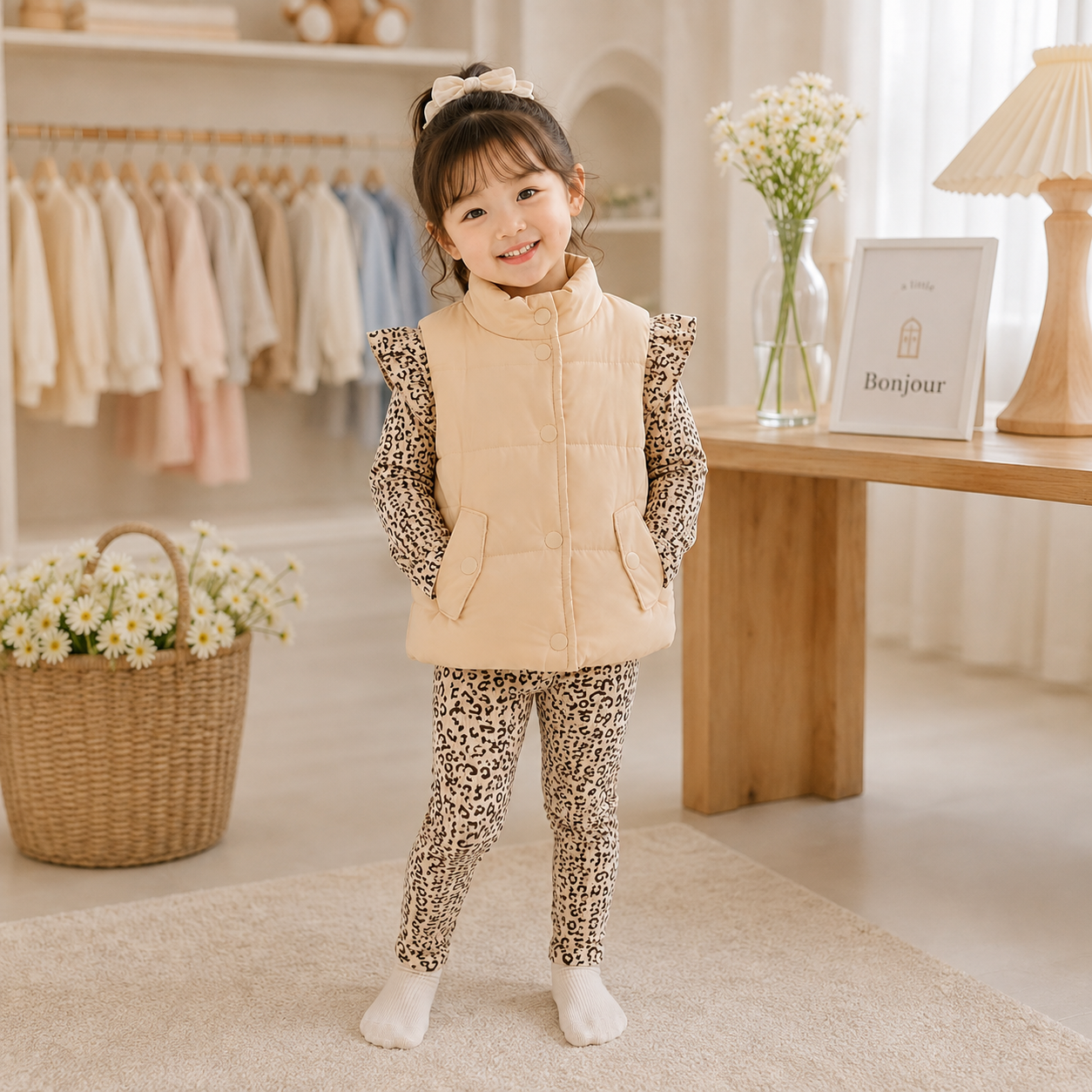 Girls Leopard Print 3-Piece Puffer Vest Set