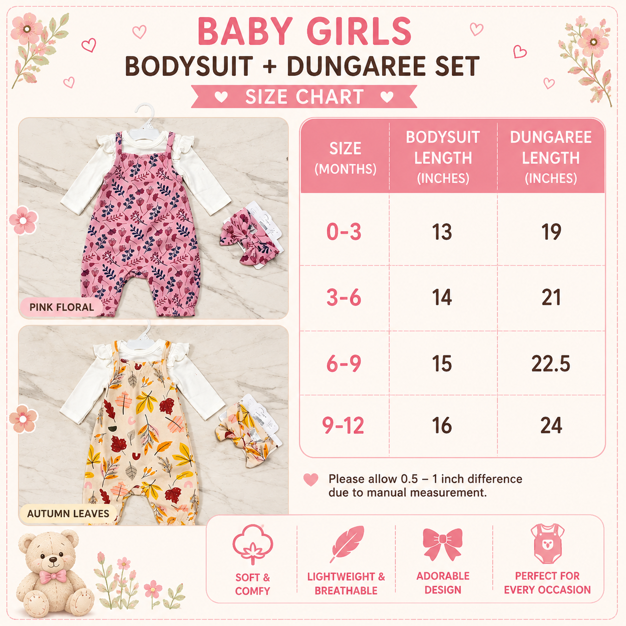 Baby Girl 3-Piece Printed Dungaree Bodysuit & Headband Set – 2 Colors
