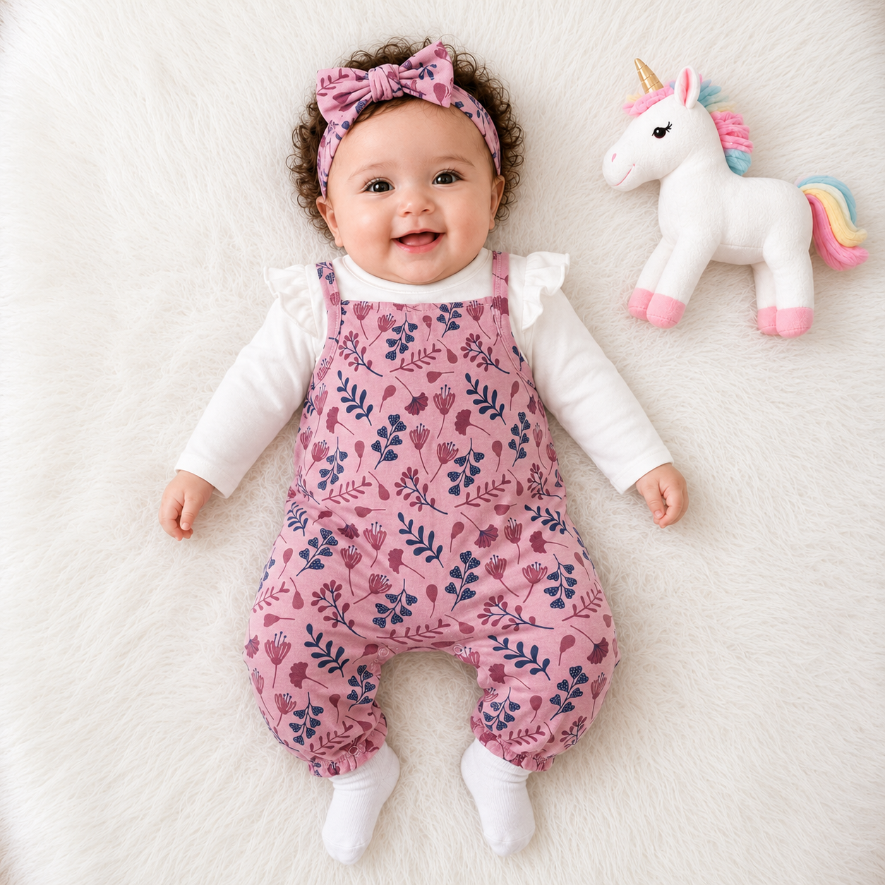 Baby Girl 3-Piece Printed Dungaree Bodysuit & Headband Set – 2 Colors