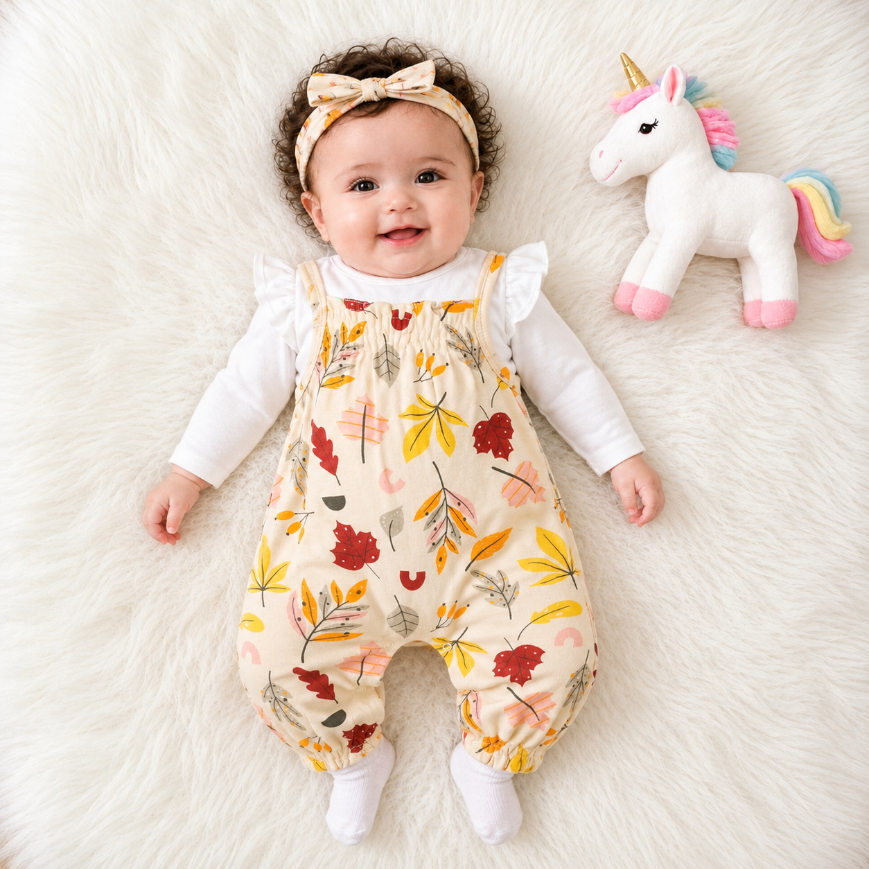 Baby Girl 3-Piece Printed Dungaree Bodysuit & Headband Set – 2 Colors