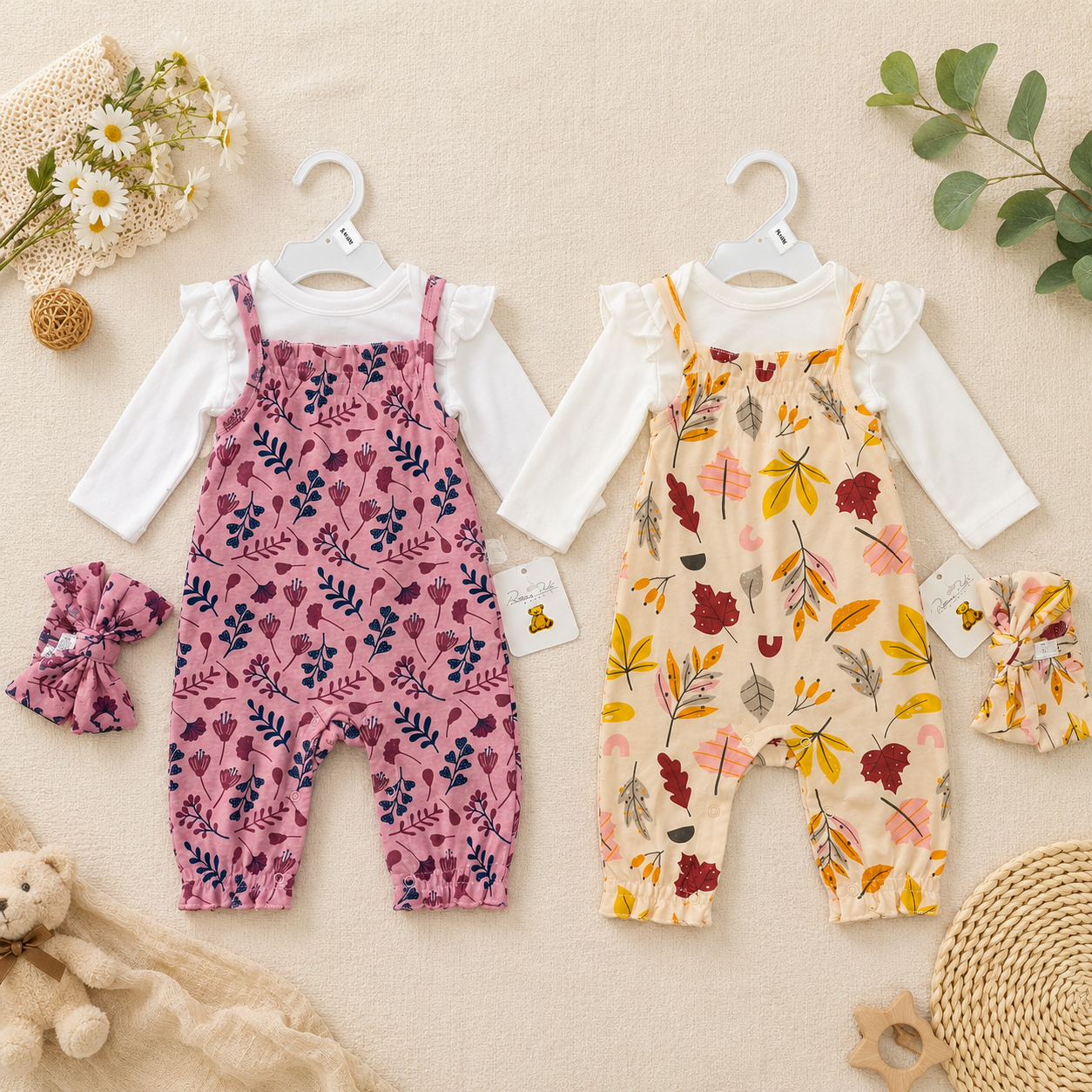 Baby Girl 3-Piece Printed Dungaree Bodysuit & Headband Set – 2 Colors