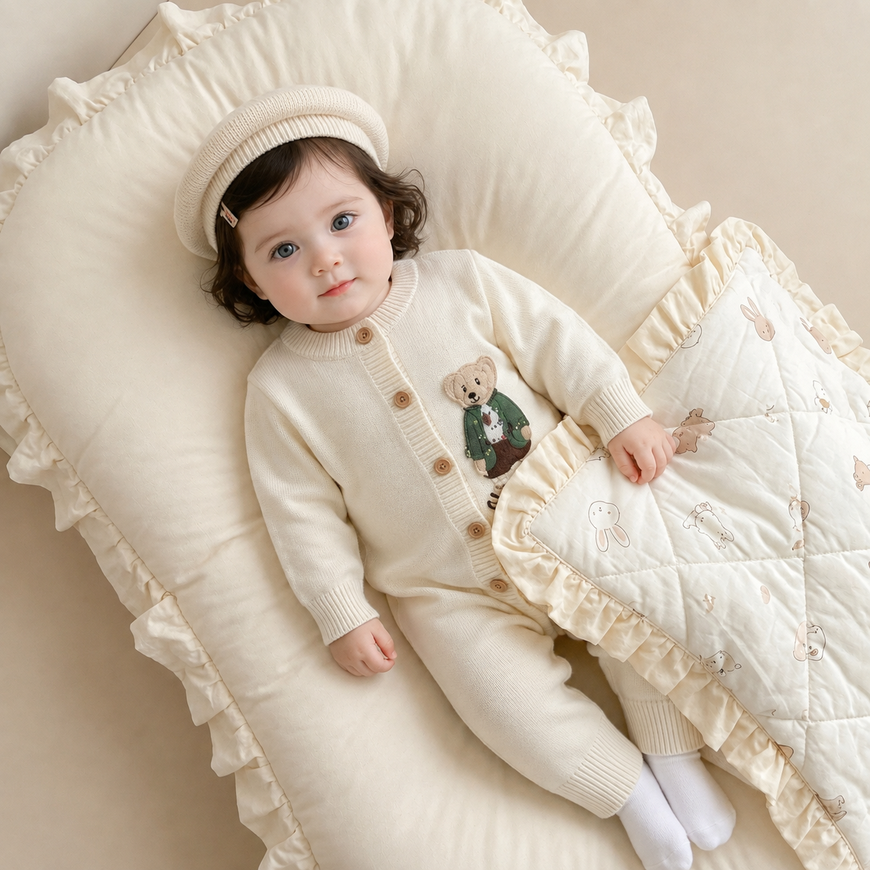 Baby 2-Piece Knitted Bear Romper & Beret Set – 3 Colors