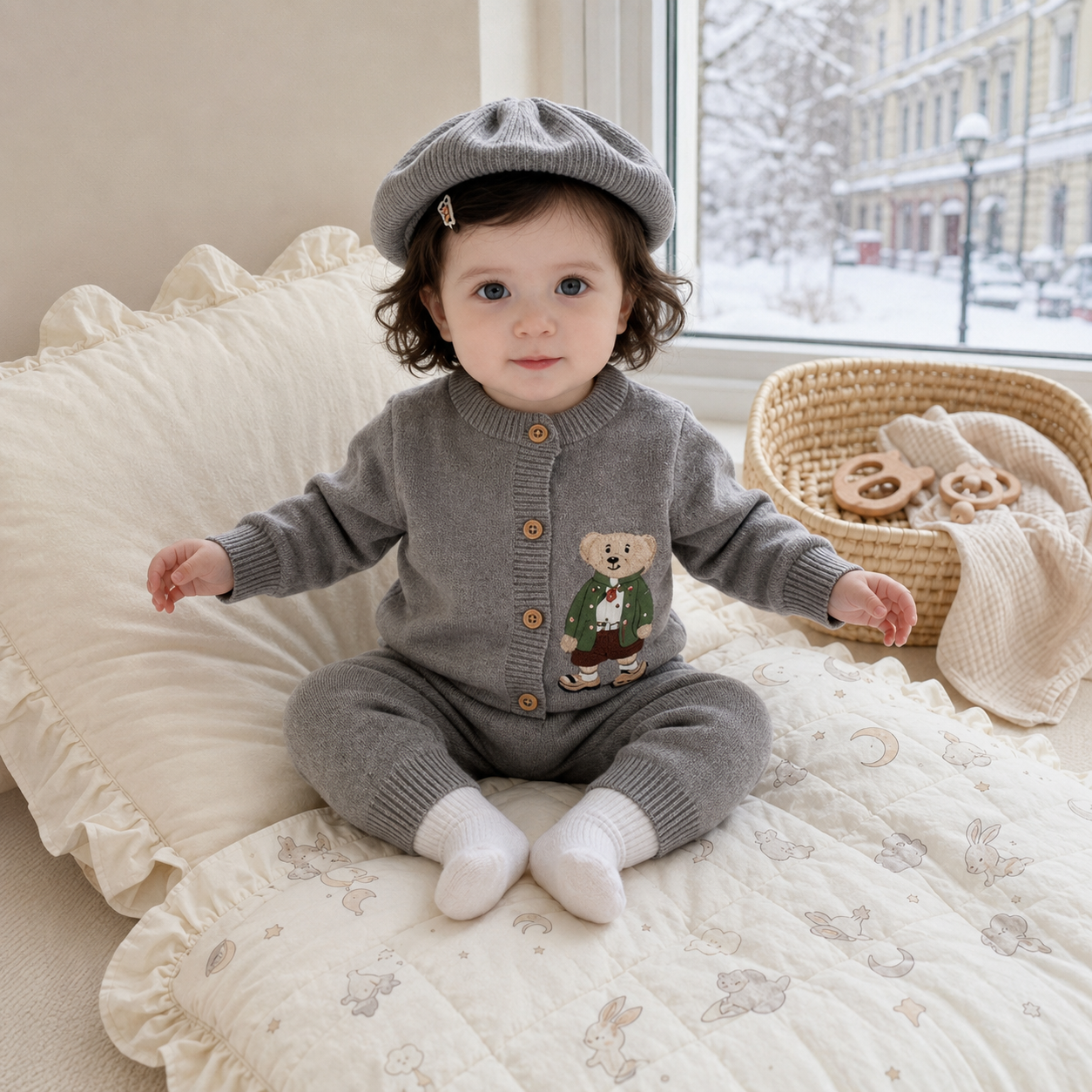 Baby 2-Piece Knitted Bear Romper & Beret Set – 3 Colors