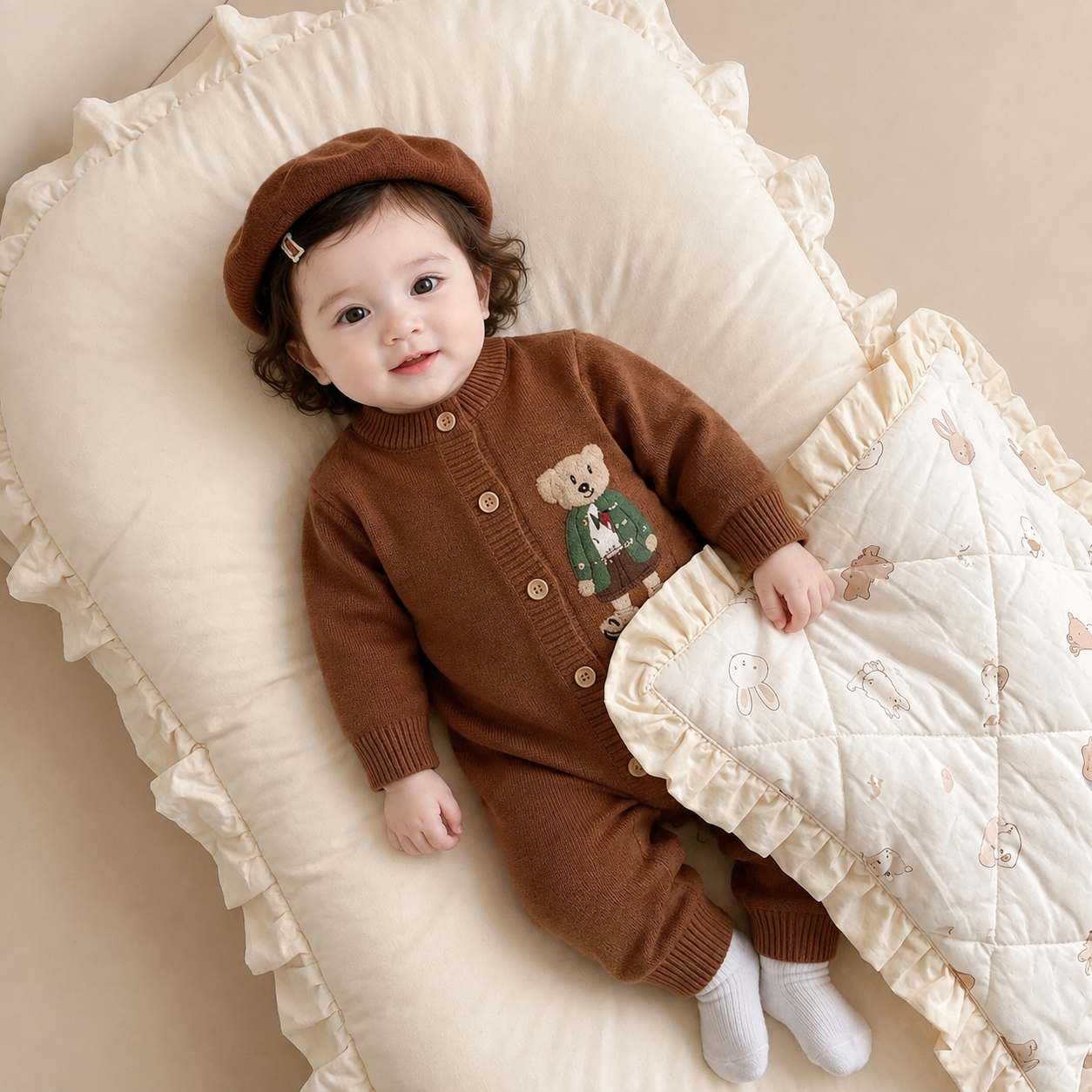Baby 2-Piece Knitted Bear Romper & Beret Set – 3 Colors