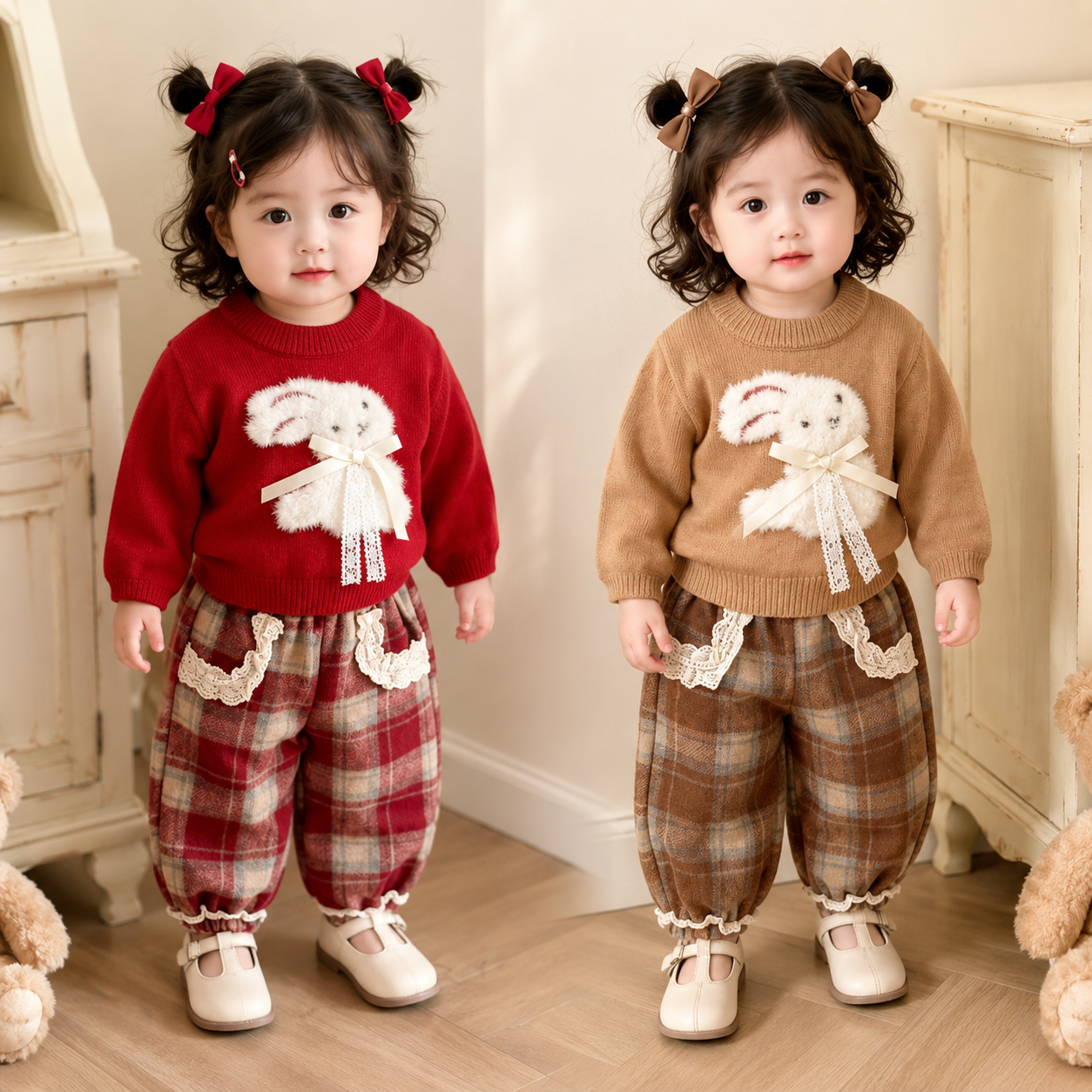 Girls 2-Piece Bunny Sweater & Plaid Trouser Set – 2 Colors