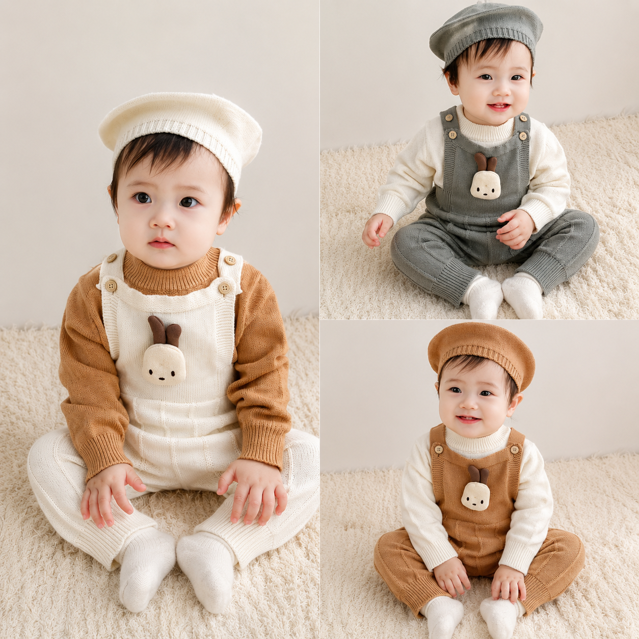 Baby 3-Piece Knitted Bunny Dungaree Set – 3 Colors