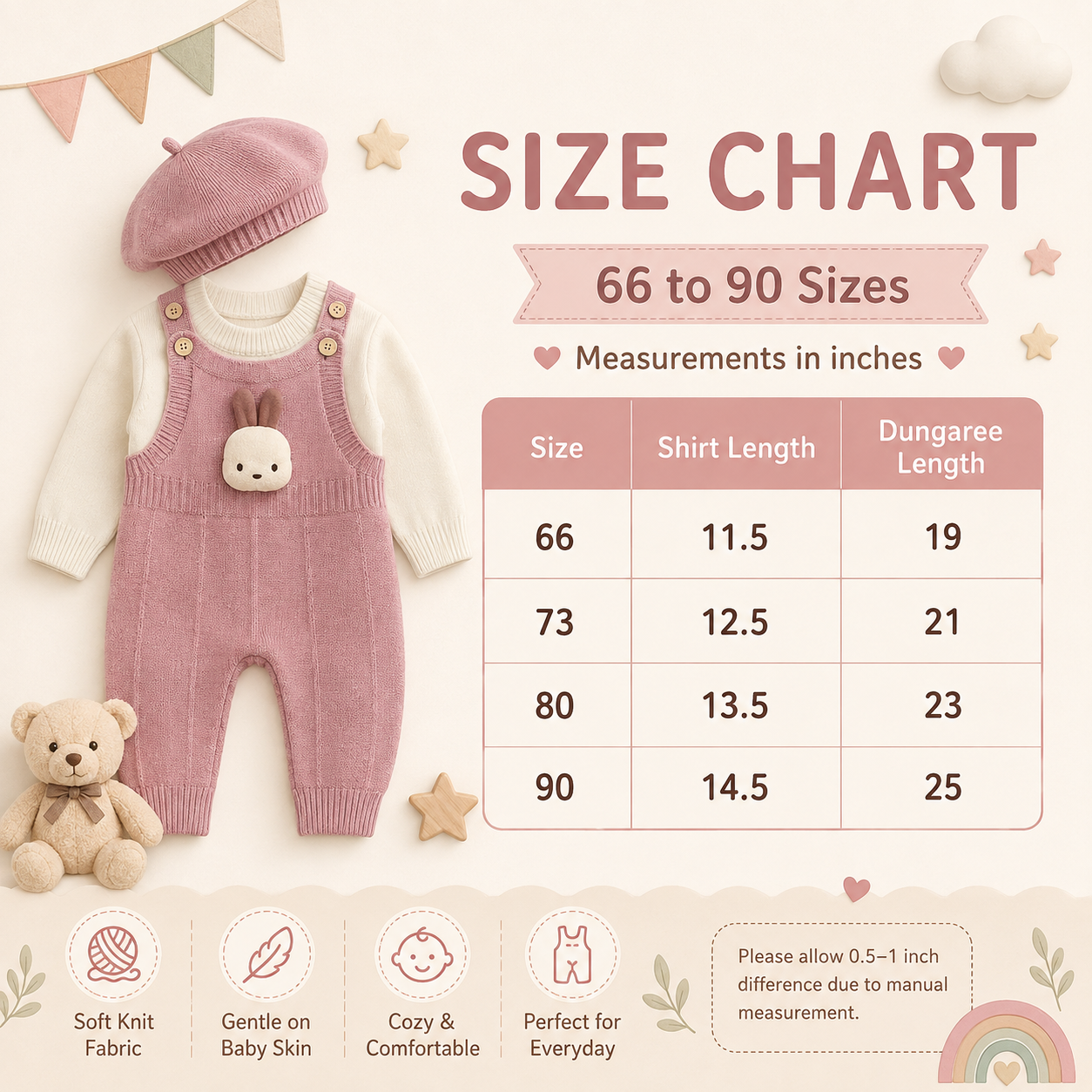Baby 3-Piece Knitted Bunny Dungaree Set – 3 Colors
