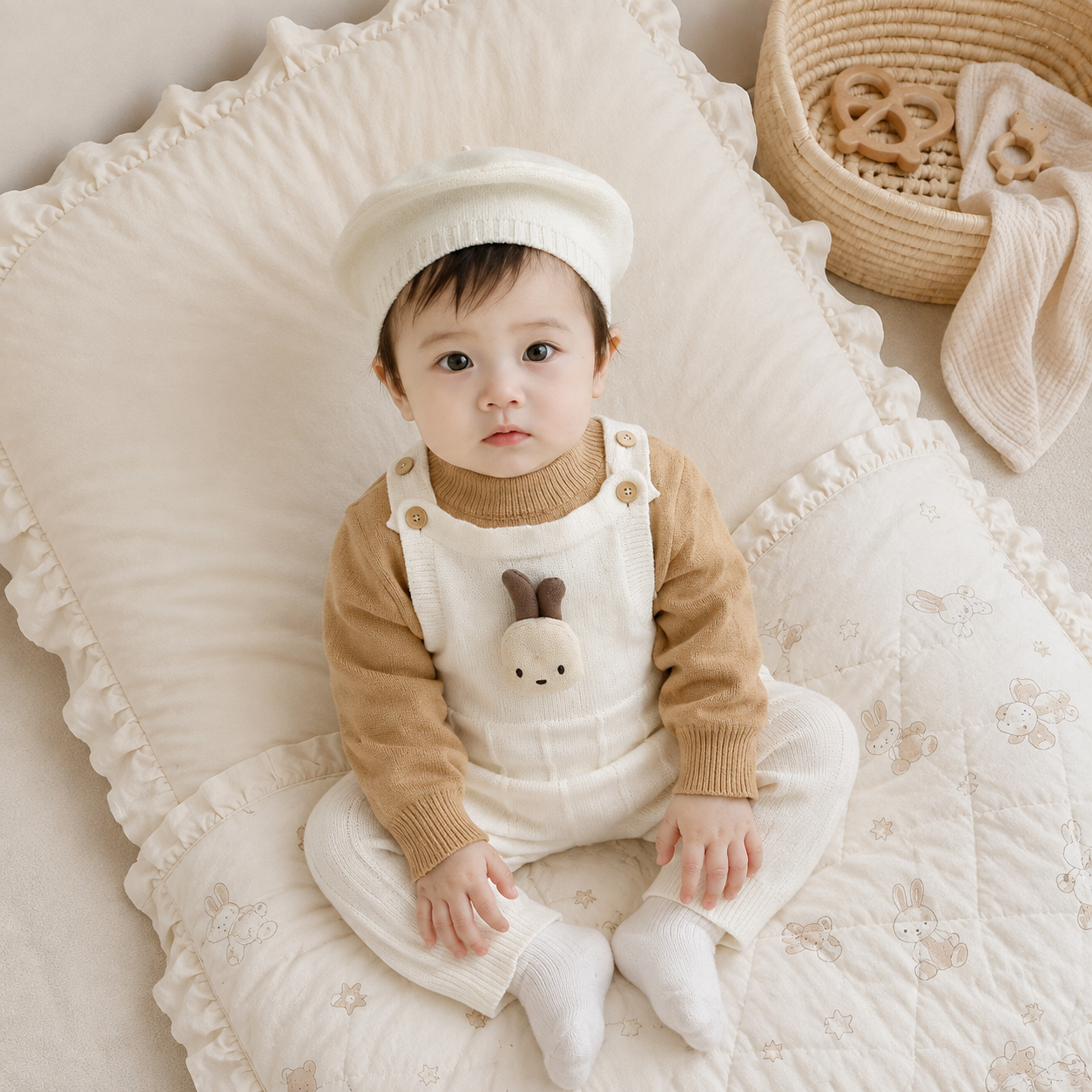 Baby 3-Piece Knitted Bunny Dungaree Set – 3 Colors