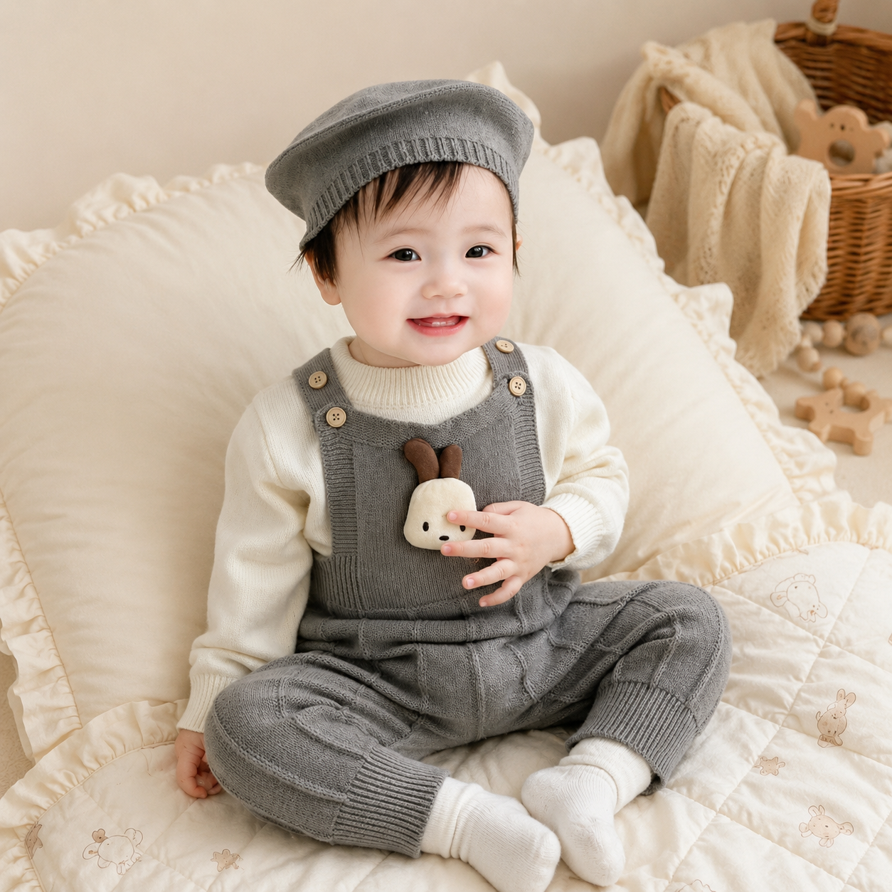 Baby 3-Piece Knitted Bunny Dungaree Set – 3 Colors