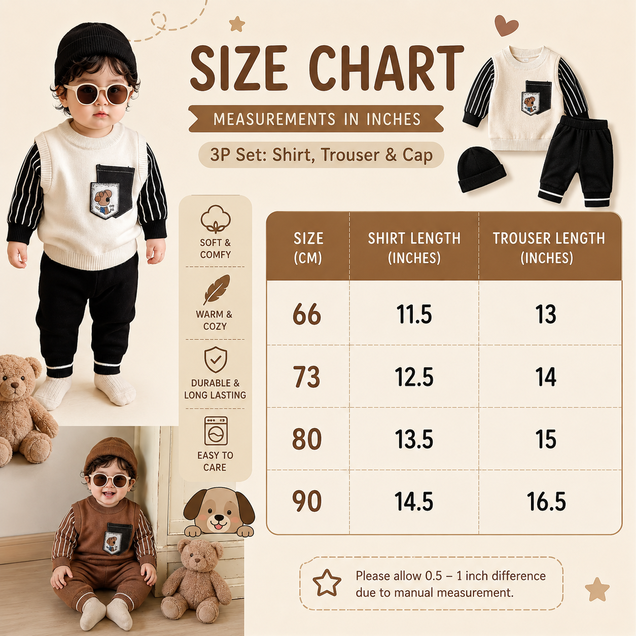 Boys 3-Piece Knitted Winter Set with Cap – 3 Colors