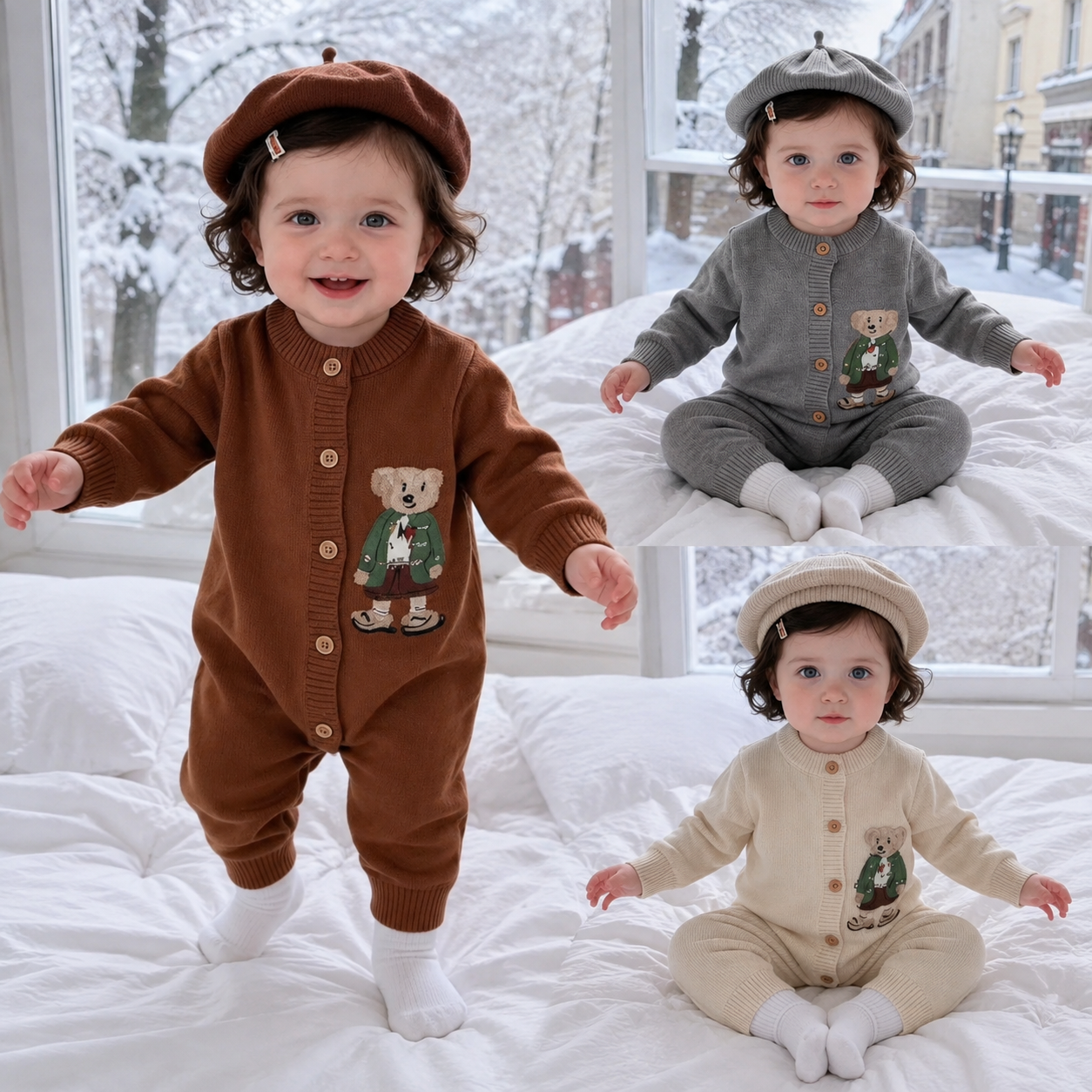 Baby 2-Piece Knitted Bear Romper & Beret Set – 3 Colors