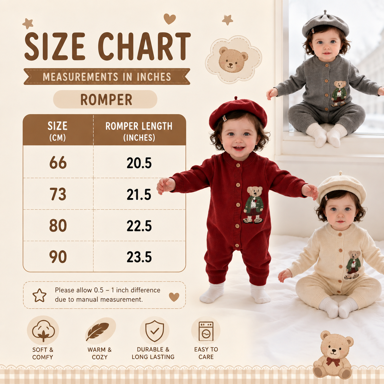 Baby 2-Piece Knitted Bear Romper & Beret Set – 3 Colors