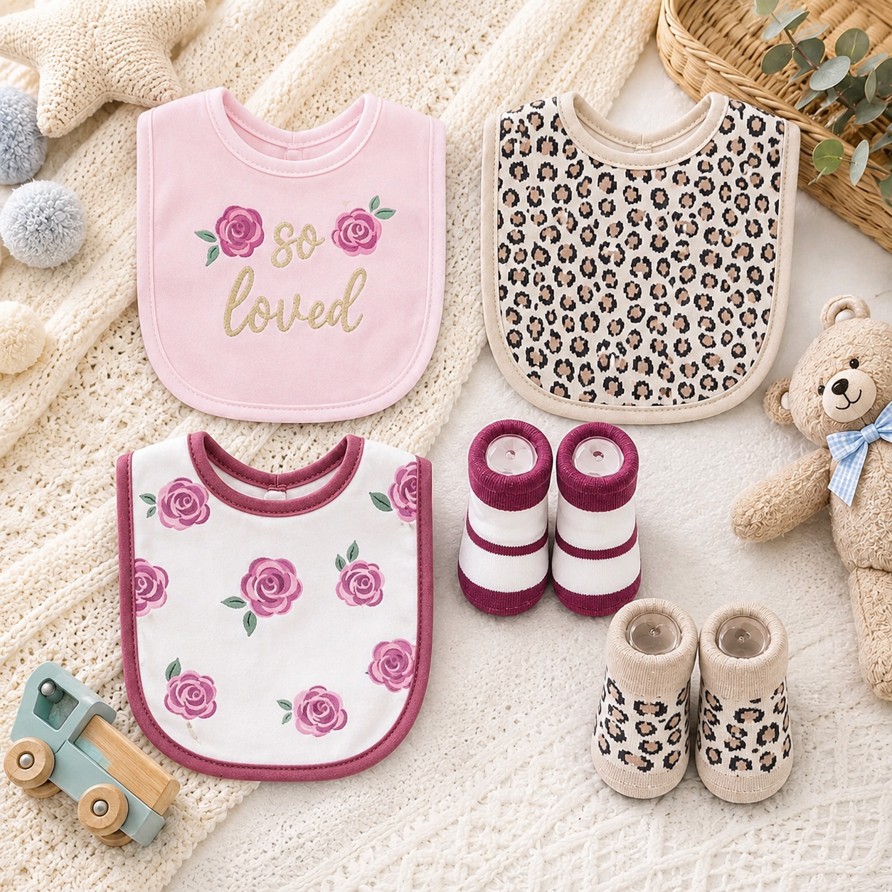 Baby Girl 5-Piece Bib & Socks Gift Set – Assorted Designs