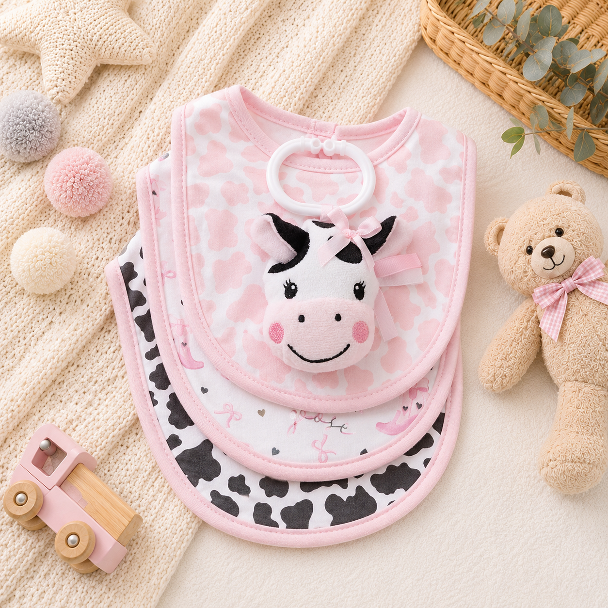 Baby 4-Piece Bib Set with Plush Toy – Assorted Designs