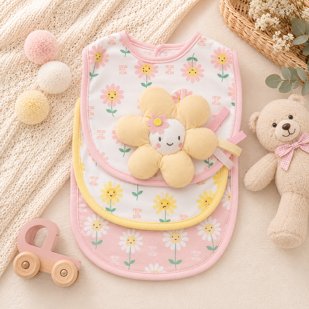 Baby 4-Piece Bib Set with Plush Toy – Assorted Designs