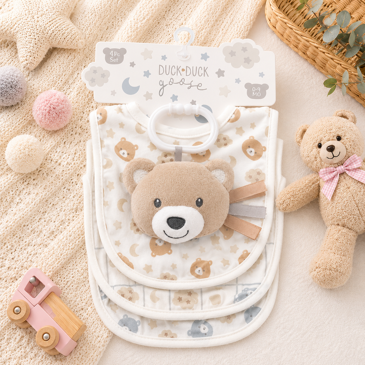 Baby 4-Piece Bib Set with Plush Toy – Assorted Designs