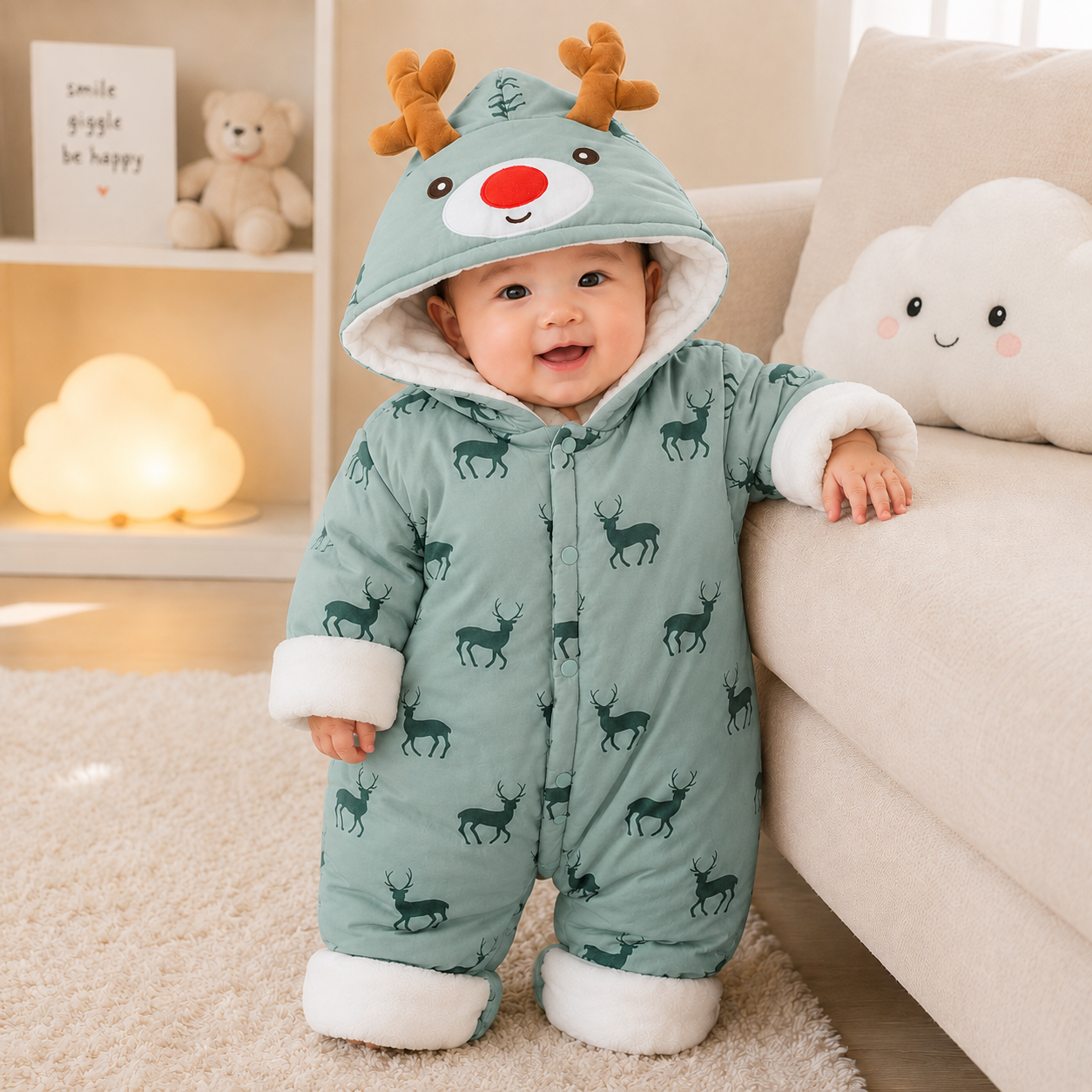 Baby Reindeer Hooded Winter Romper – 2 Colors