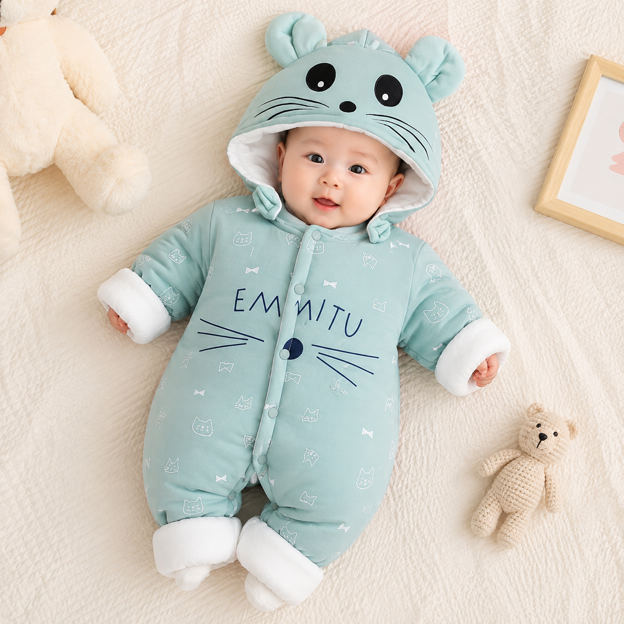 Baby Mouse Hooded Winter Romper with Detachable Cap – 2 Colors