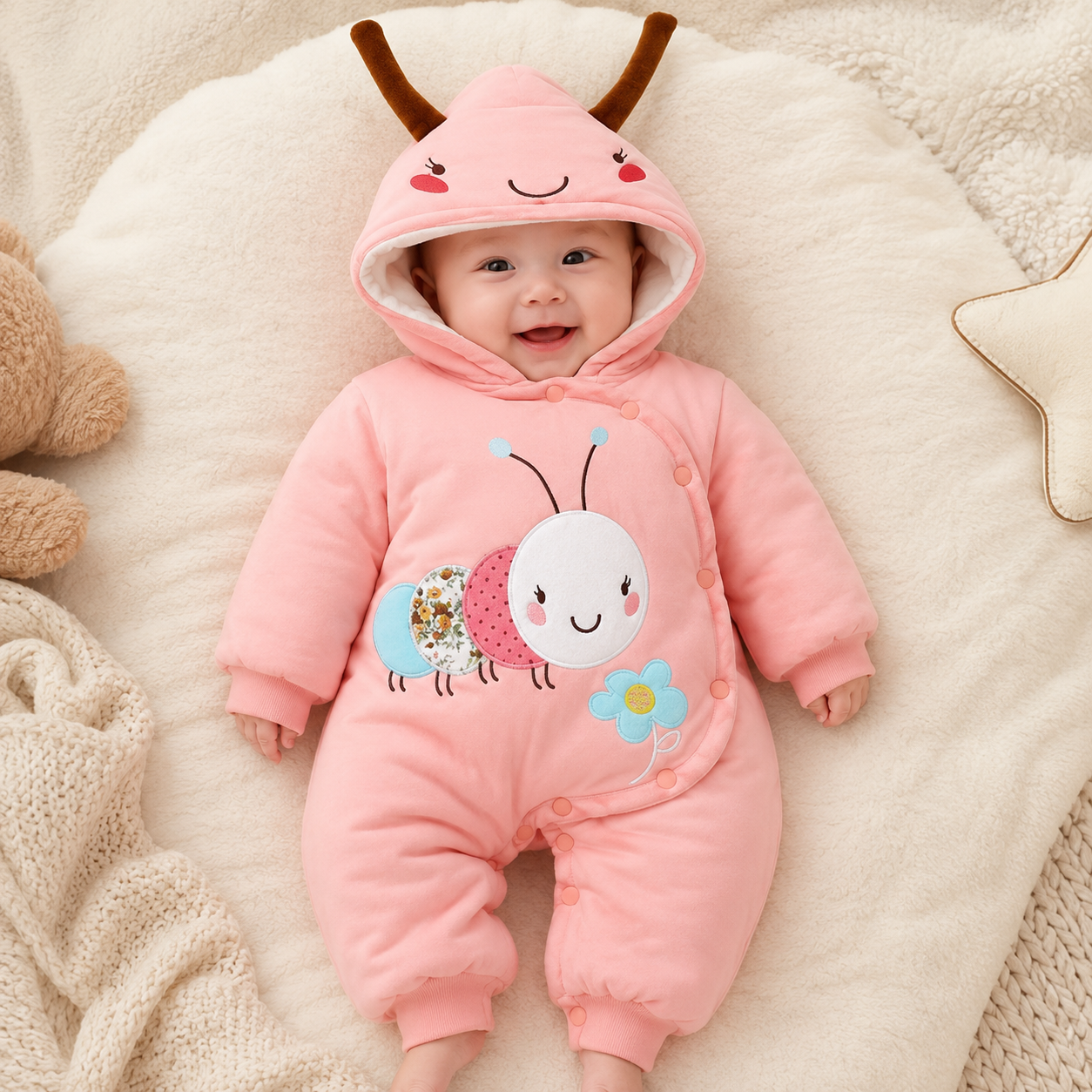Baby Caterpillar Hooded Winter Romper – 3 Colors