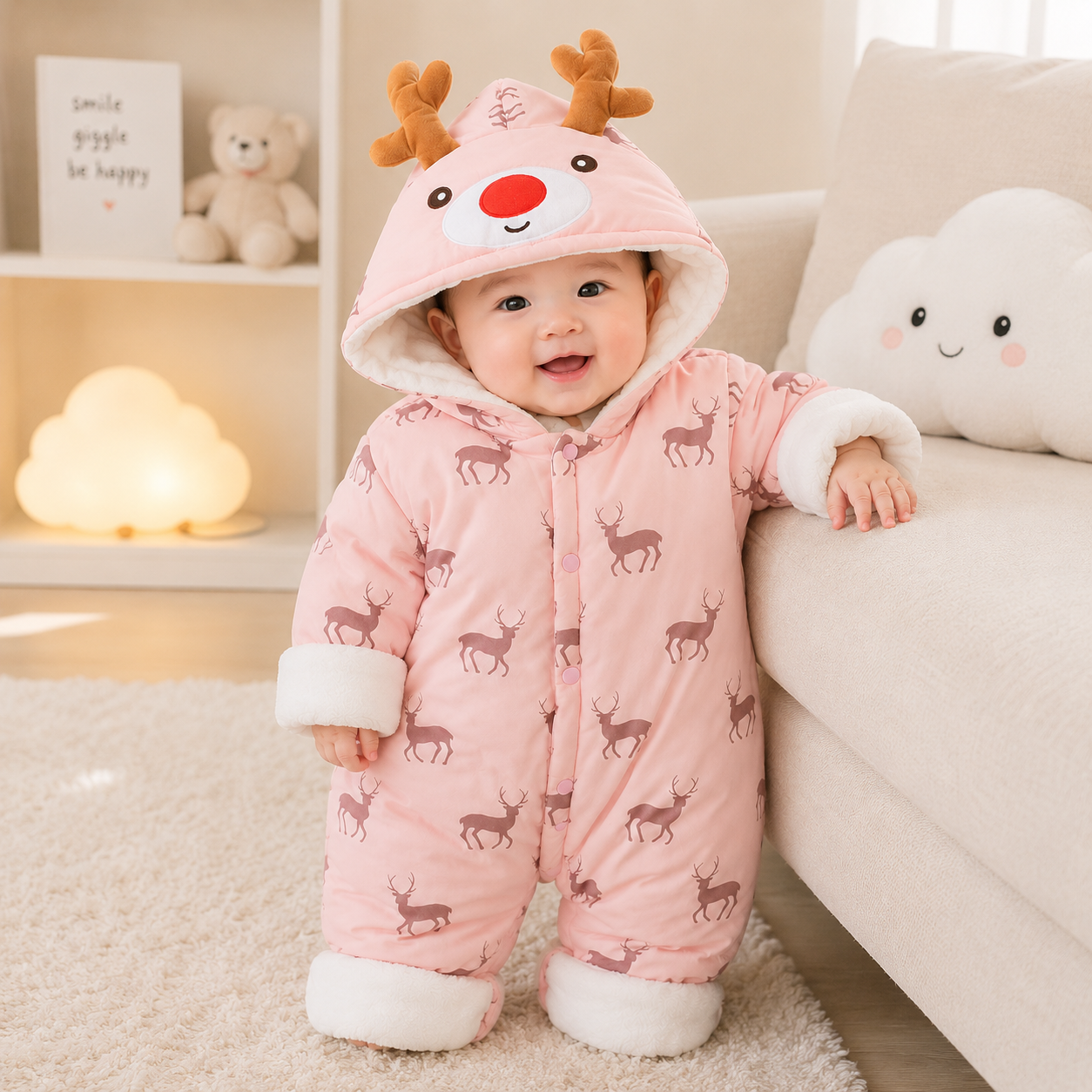 Baby Reindeer Hooded Winter Romper – 2 Colors