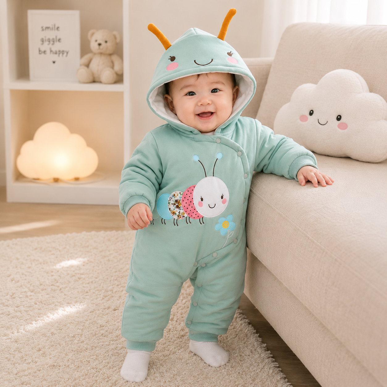Baby Caterpillar Hooded Winter Romper – 3 Colors