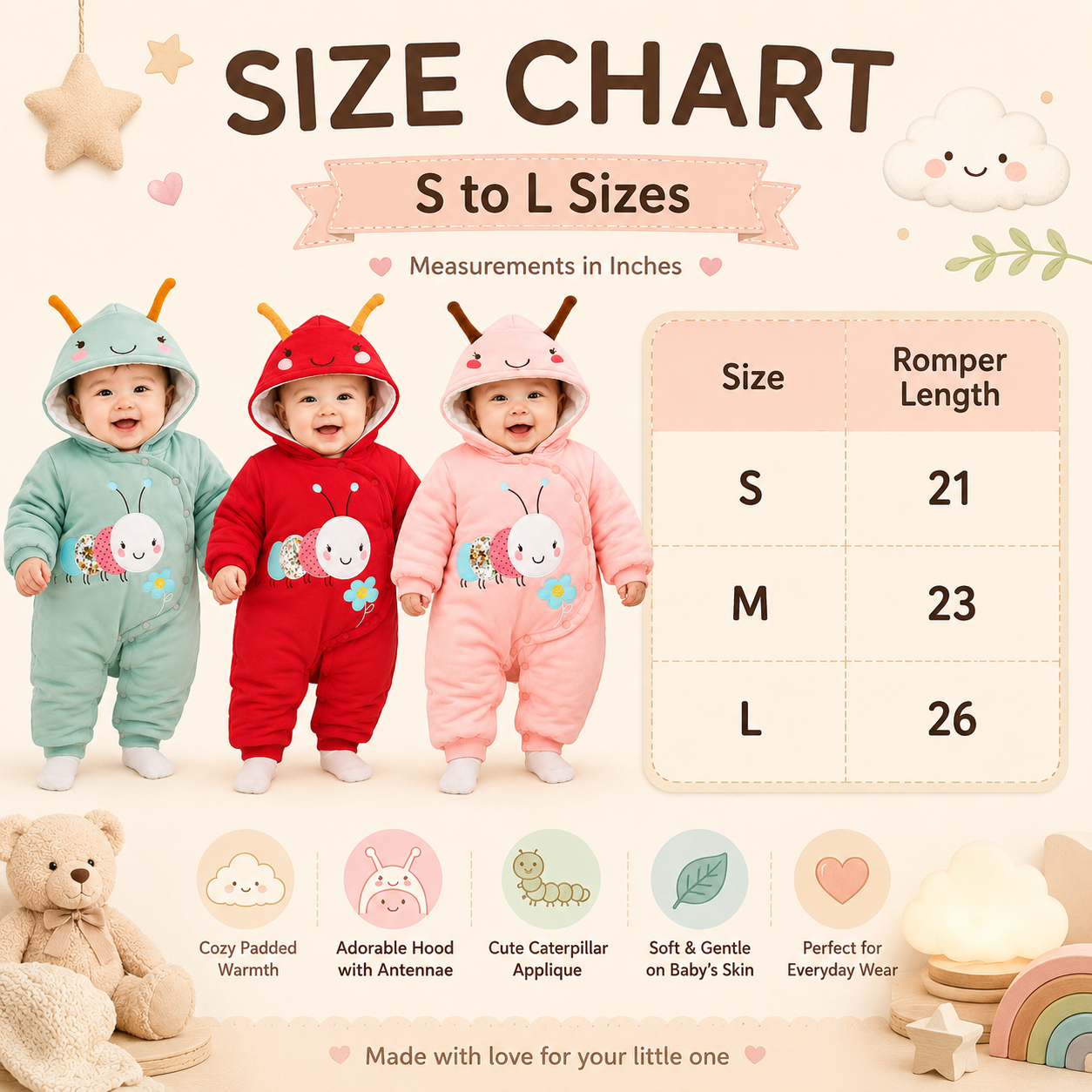 Baby Caterpillar Hooded Winter Romper – 3 Colors