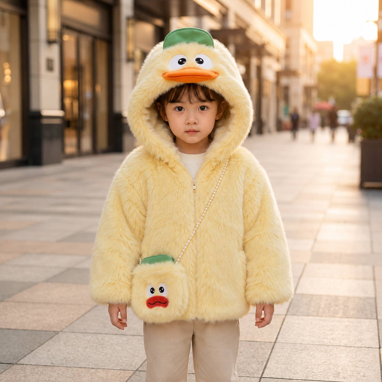 Kids Duck Plush Hooded Winter Jacket with Mini Bag – 3 Colors