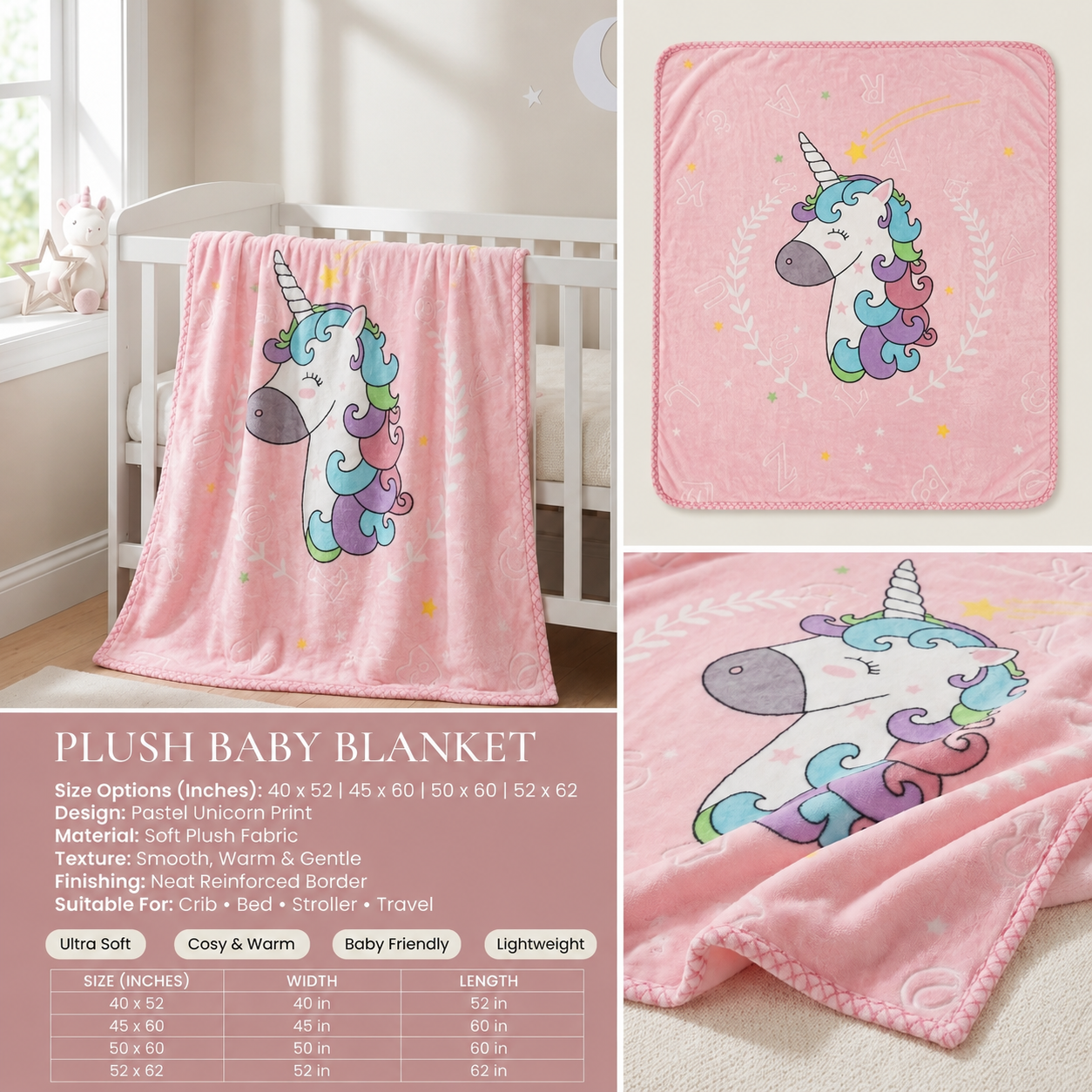 Pastel Unicorn Plush Baby Blanket – Multiple Sizes