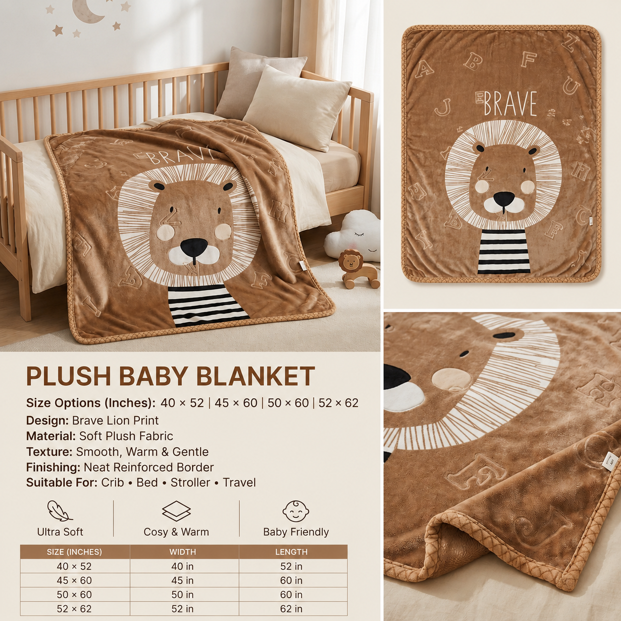 Brave Lion Plush Baby Blanket – Multiple Sizes